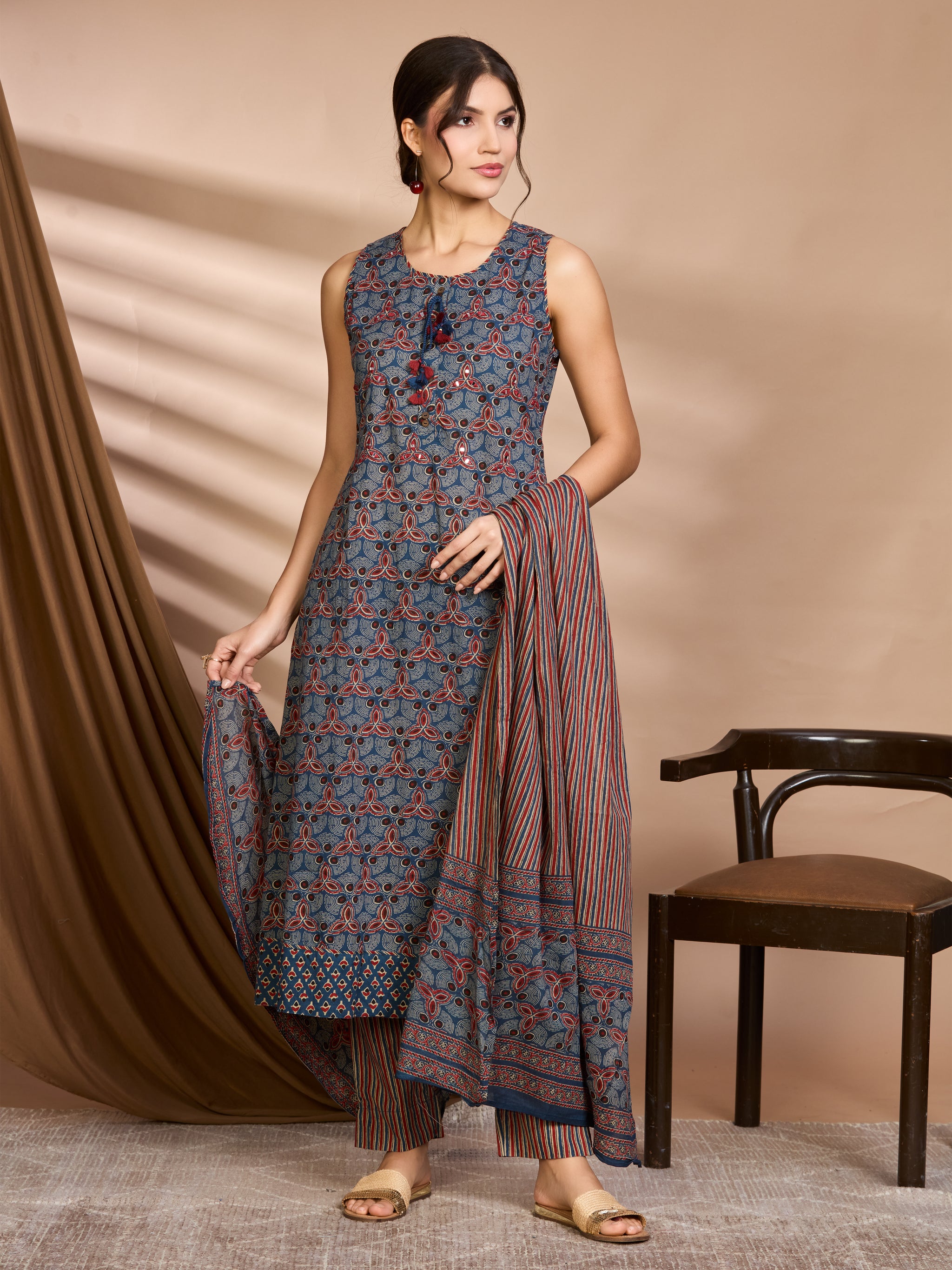 Midnight Indigo & Rust Hand Block Floral Print A-Line Kurta with Cotto