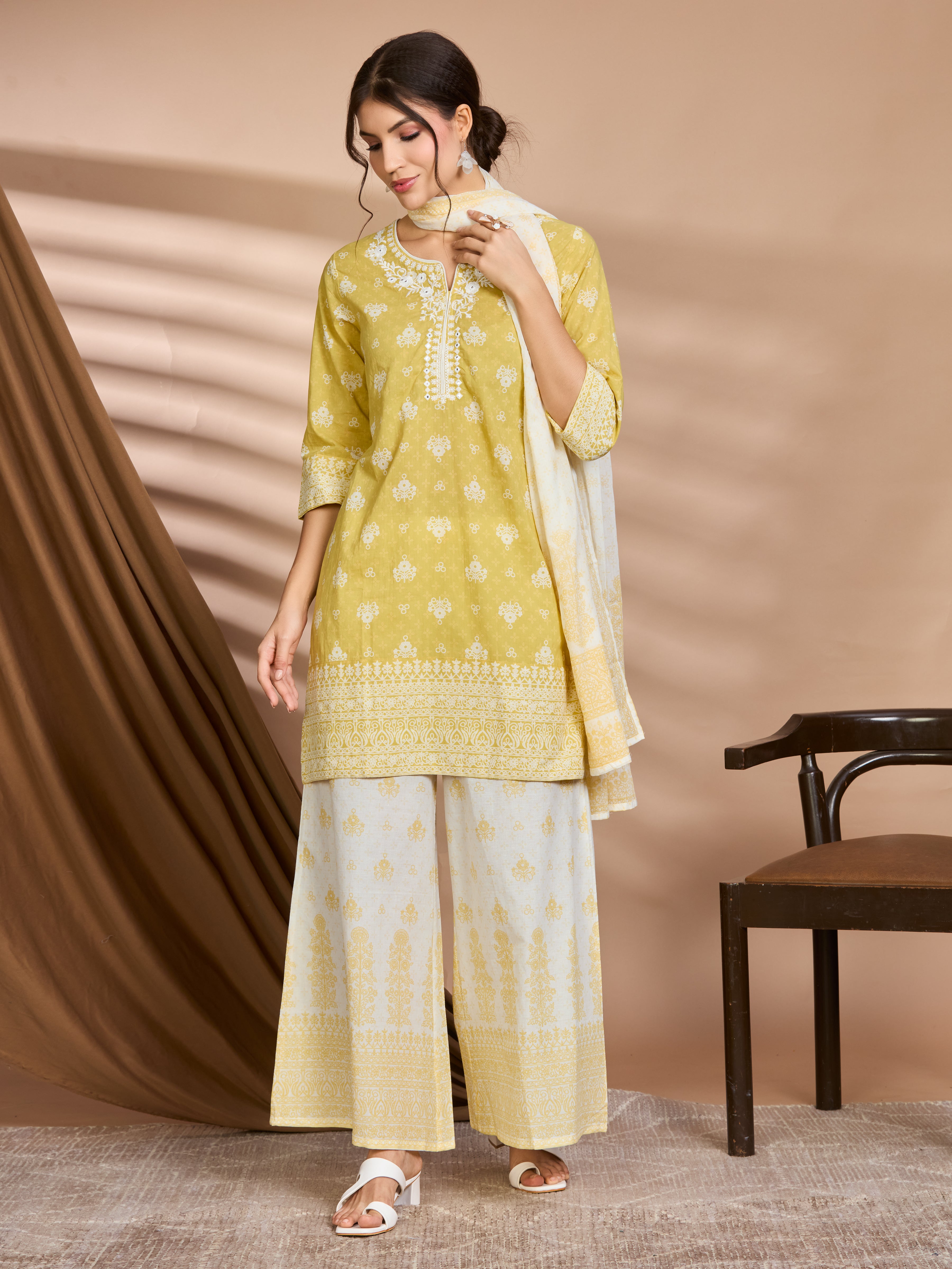 Butter Glow Straight Suit Set with White Embroidery & Floral Block Prints with Cotton Dupatta