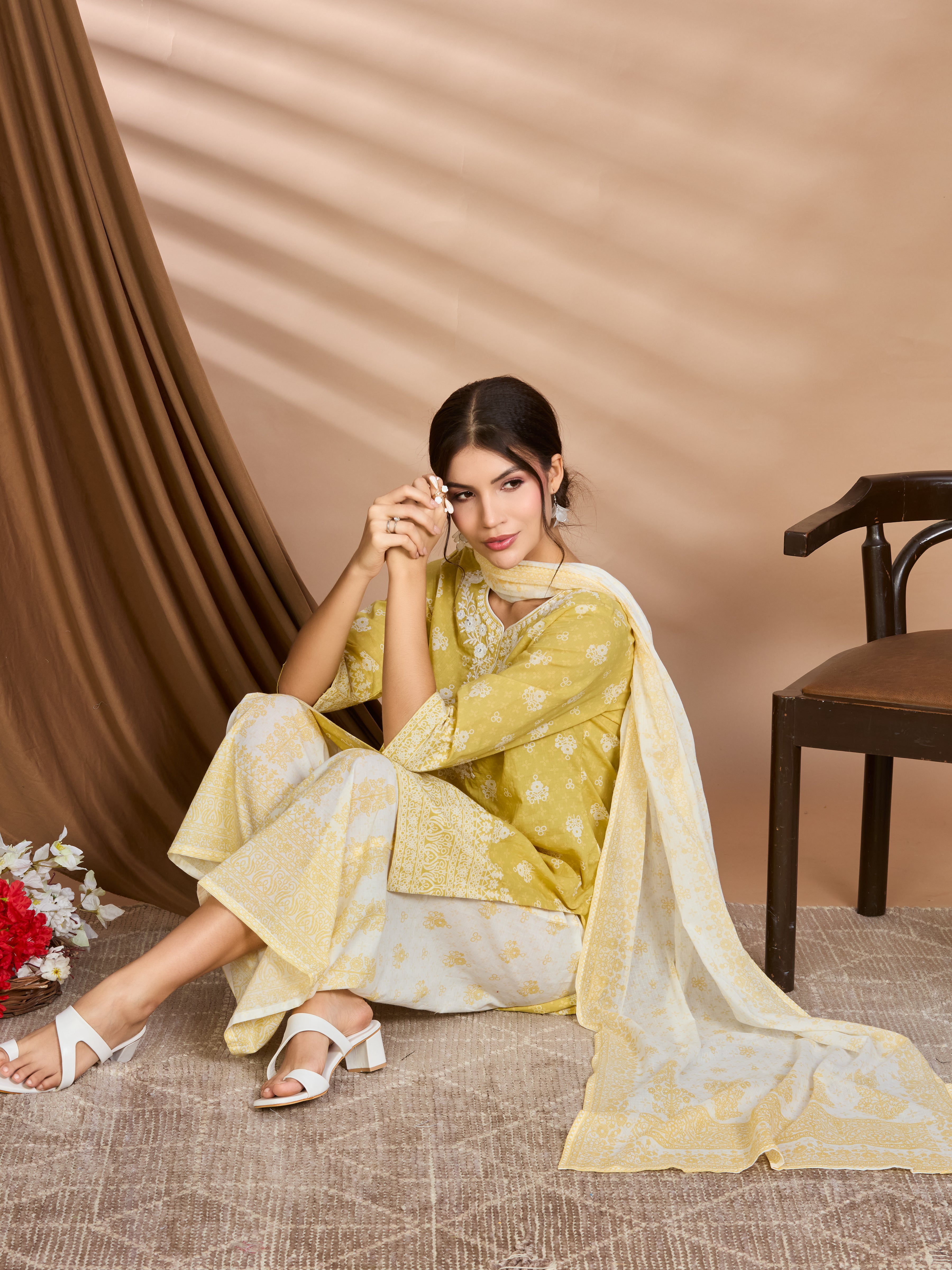 Butter Glow Straight Suit Set with White Embroidery & Floral Block Prints with Cotton Dupatta