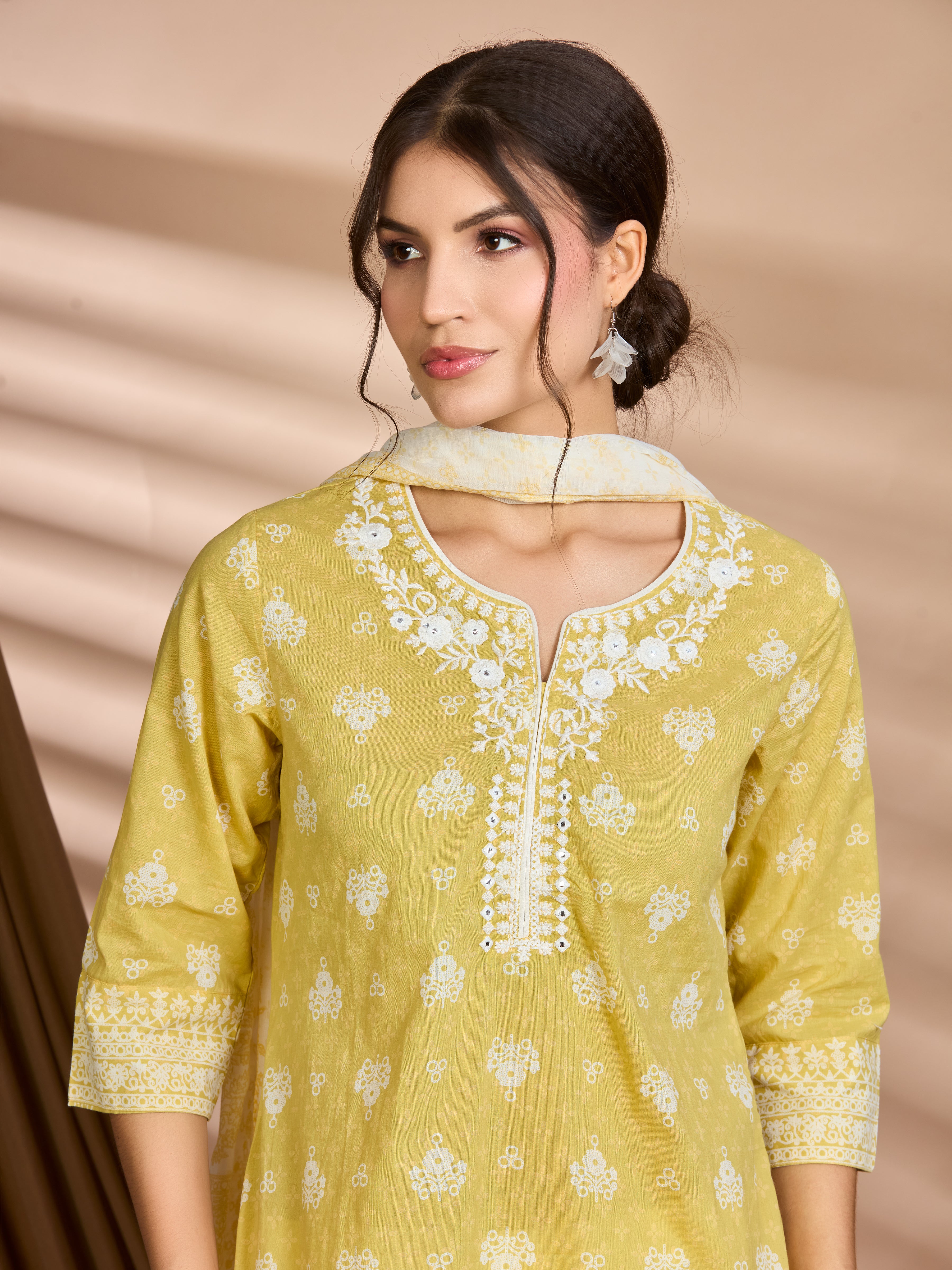 Butter Glow Straight Suit Set with White Embroidery & Floral Block Prints with Cotton Dupatta