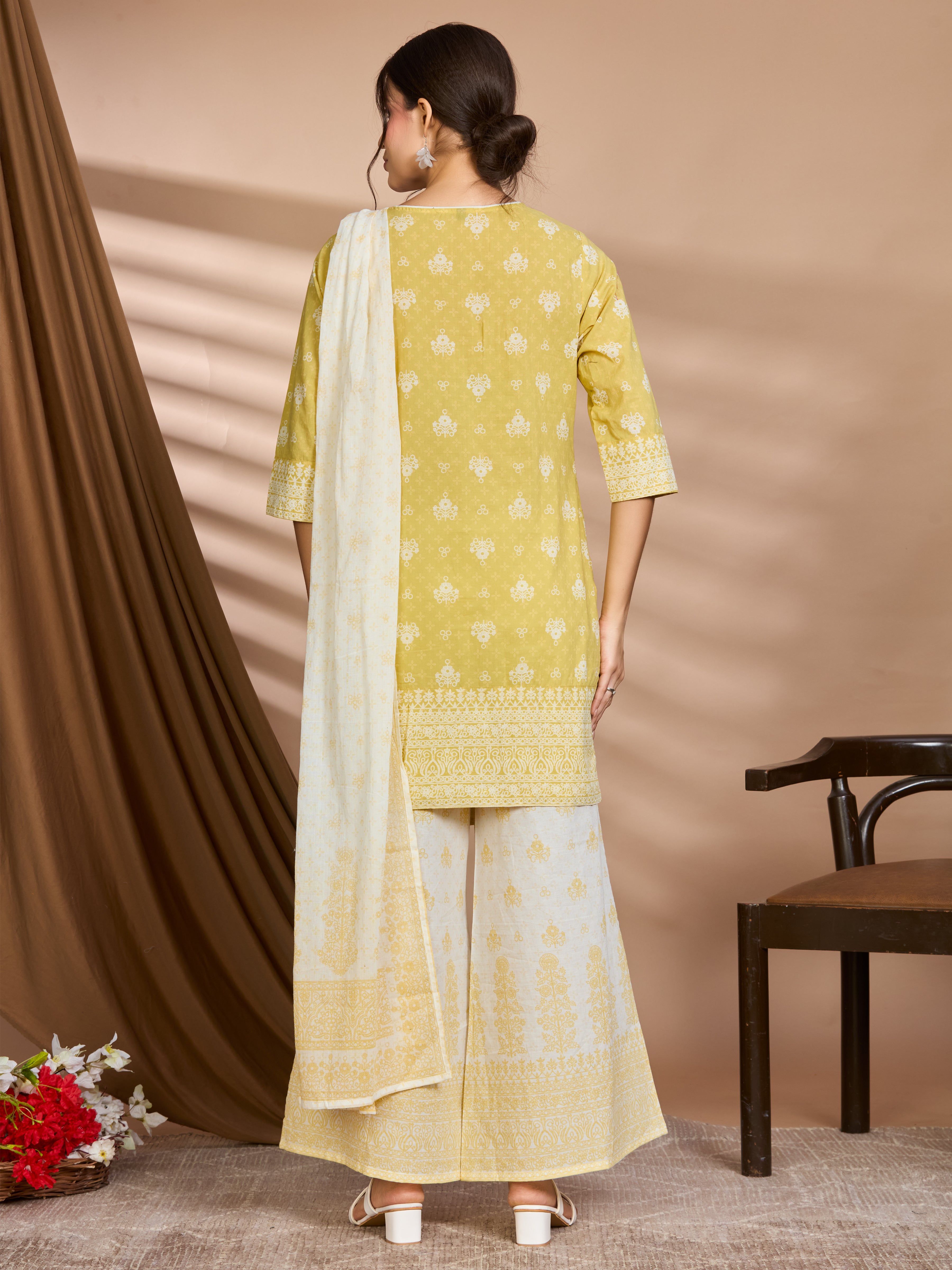Butter Glow Straight Suit Set with White Embroidery & Floral Block Prints with Cotton Dupatta
