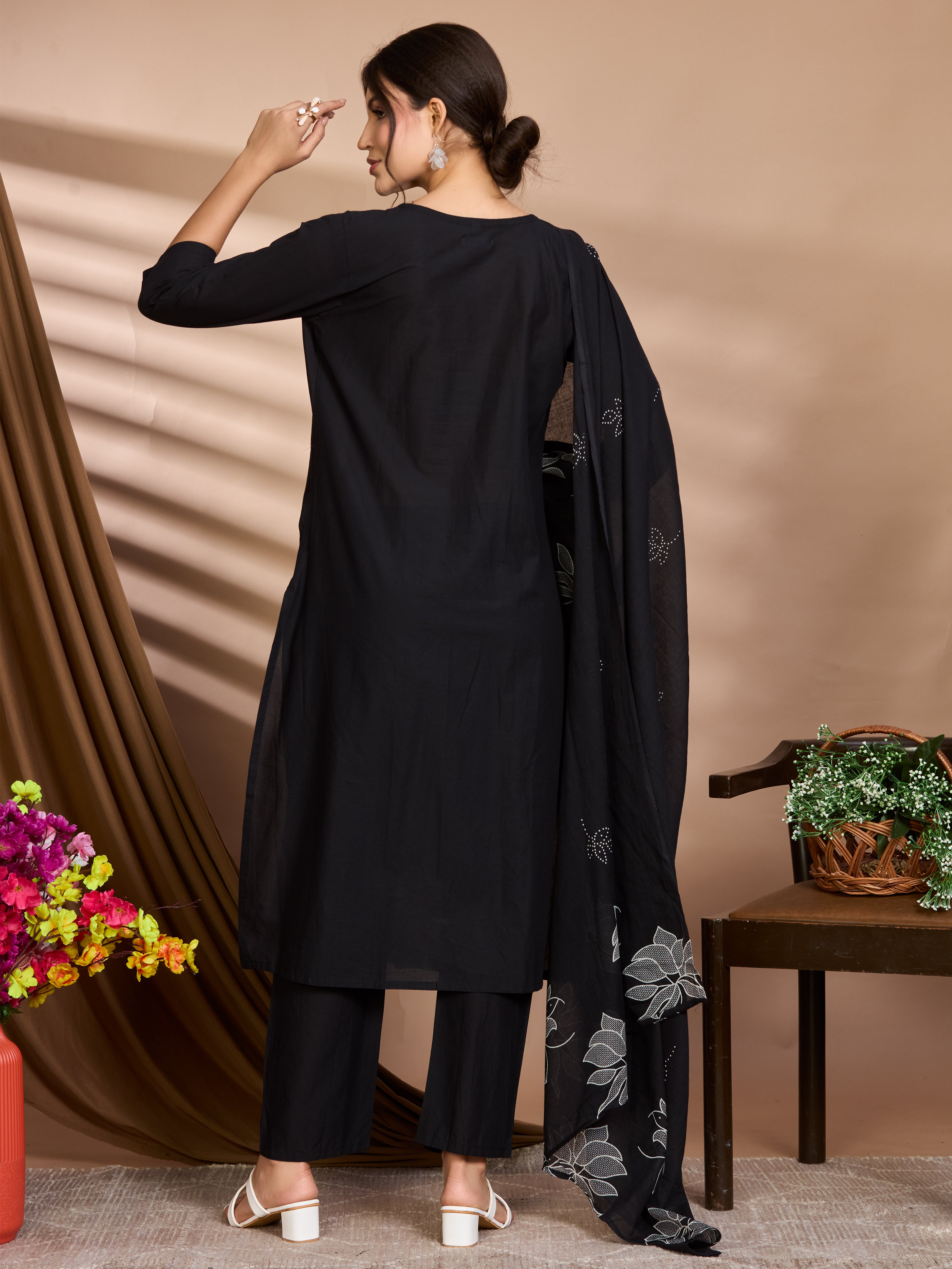 Black and White Hand Block Floral Print A-Line Kurta with Soft Cotton Dupatta