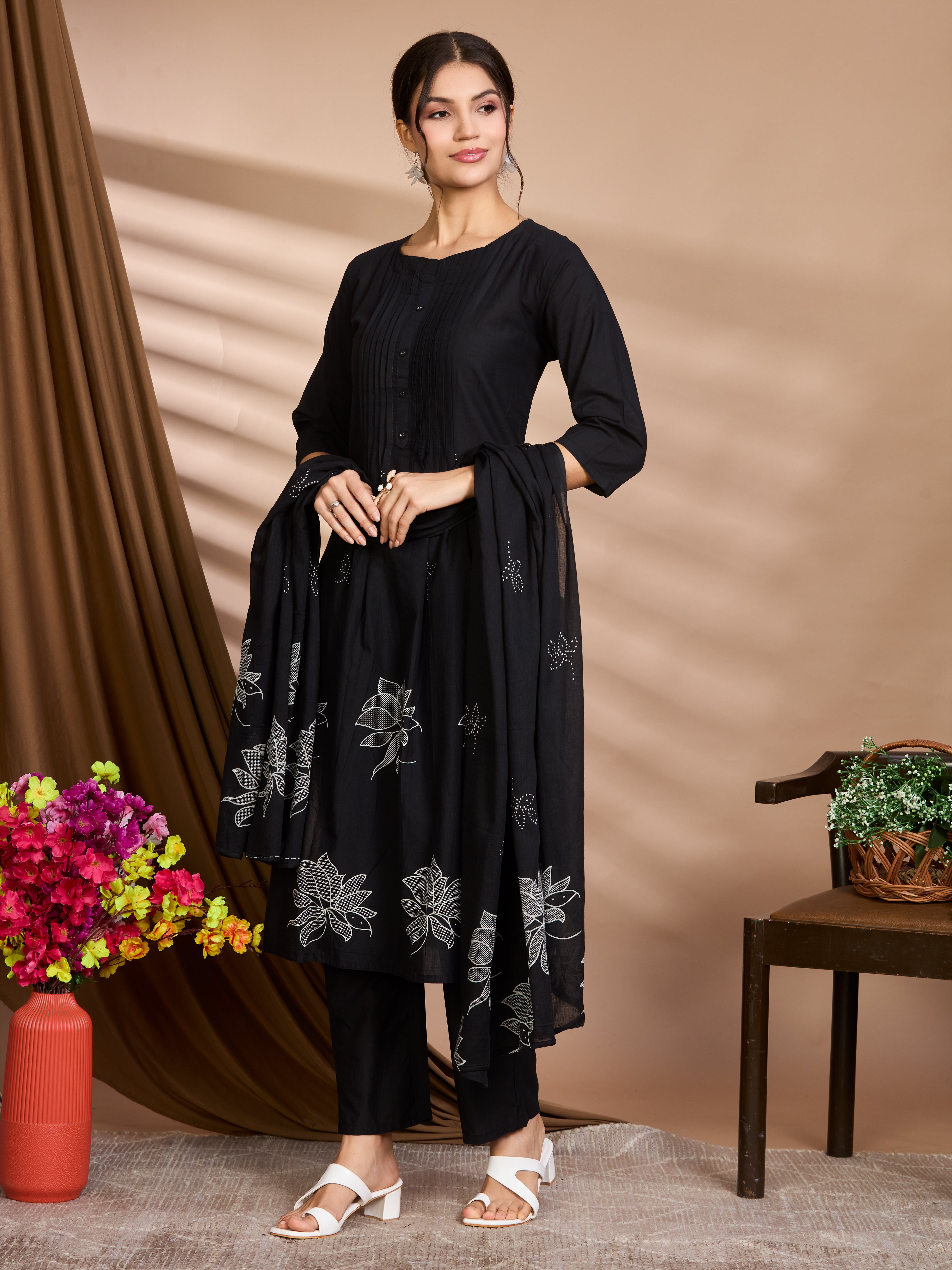 Black and White Hand Block Floral Print A-Line Kurta with Soft Cotton Dupatta
