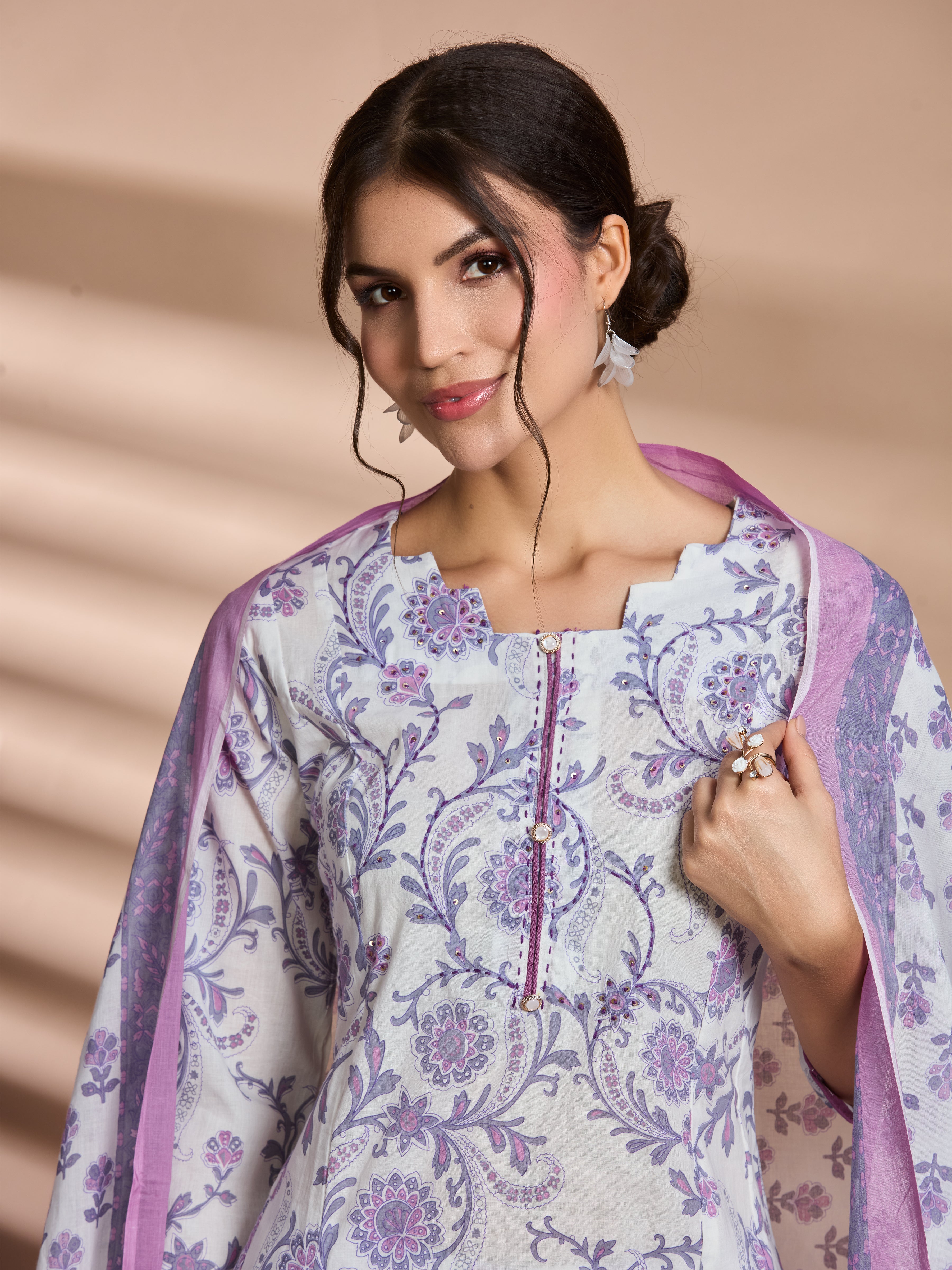 Lilac Bloom A-Line Suit Set with Ivory Base & Lilac Floral Block Prints with Cotton Dupatta