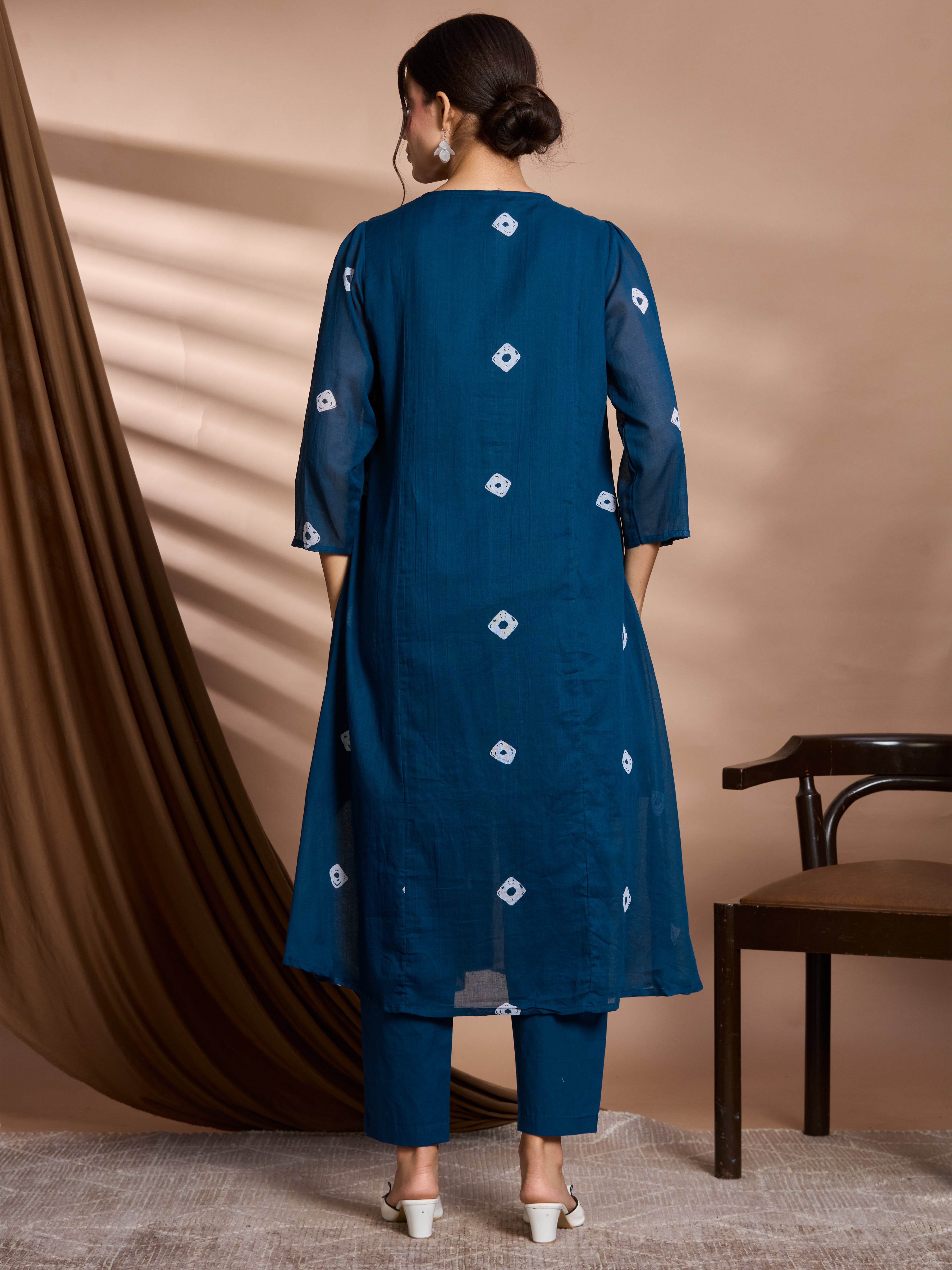 Navy Charm A-Line Suit Set with Ivory Block Prints with Cotton Dupatta