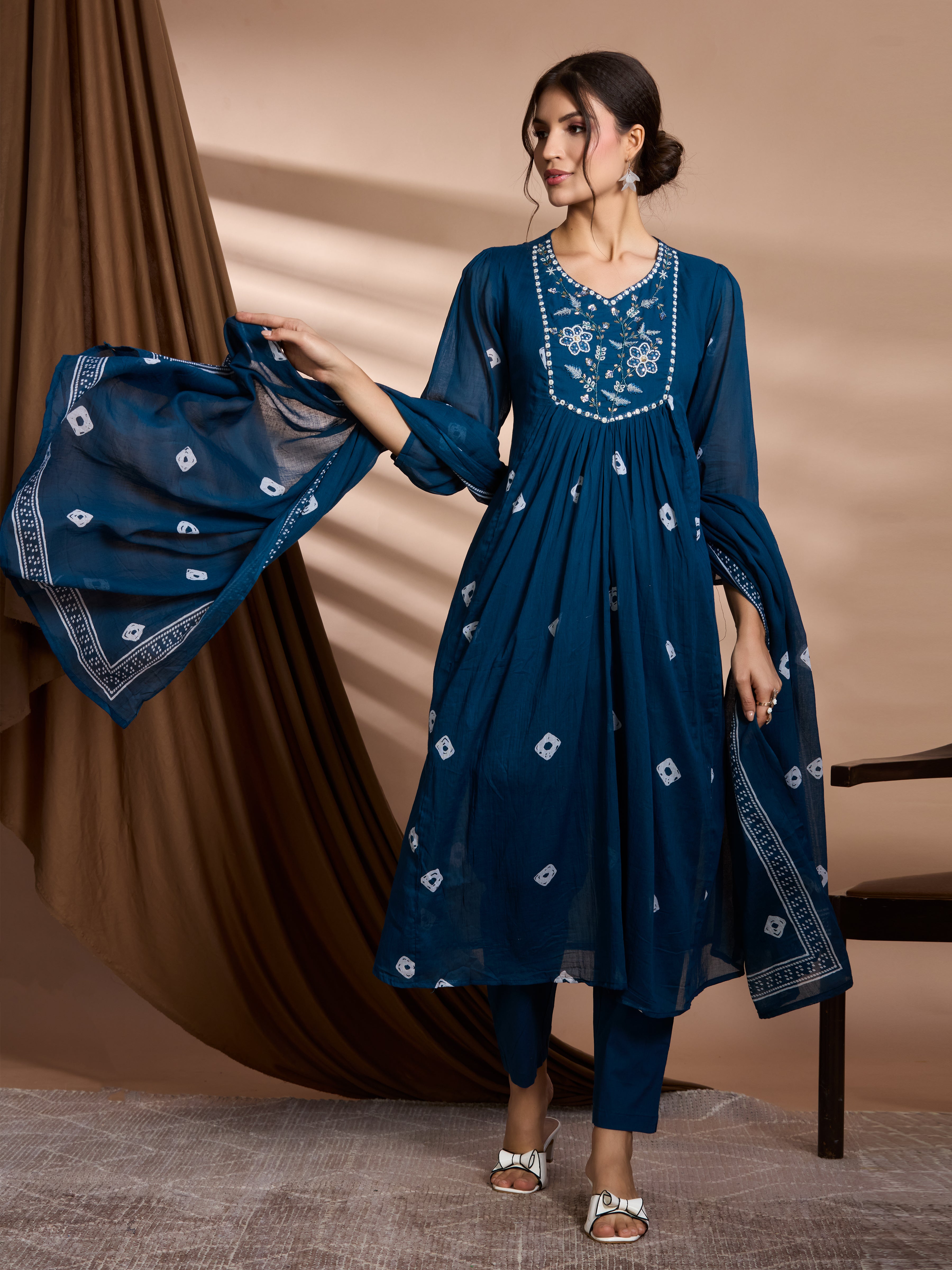 Navy Charm A-Line Suit Set with Ivory Block Prints with Cotton Dupatta