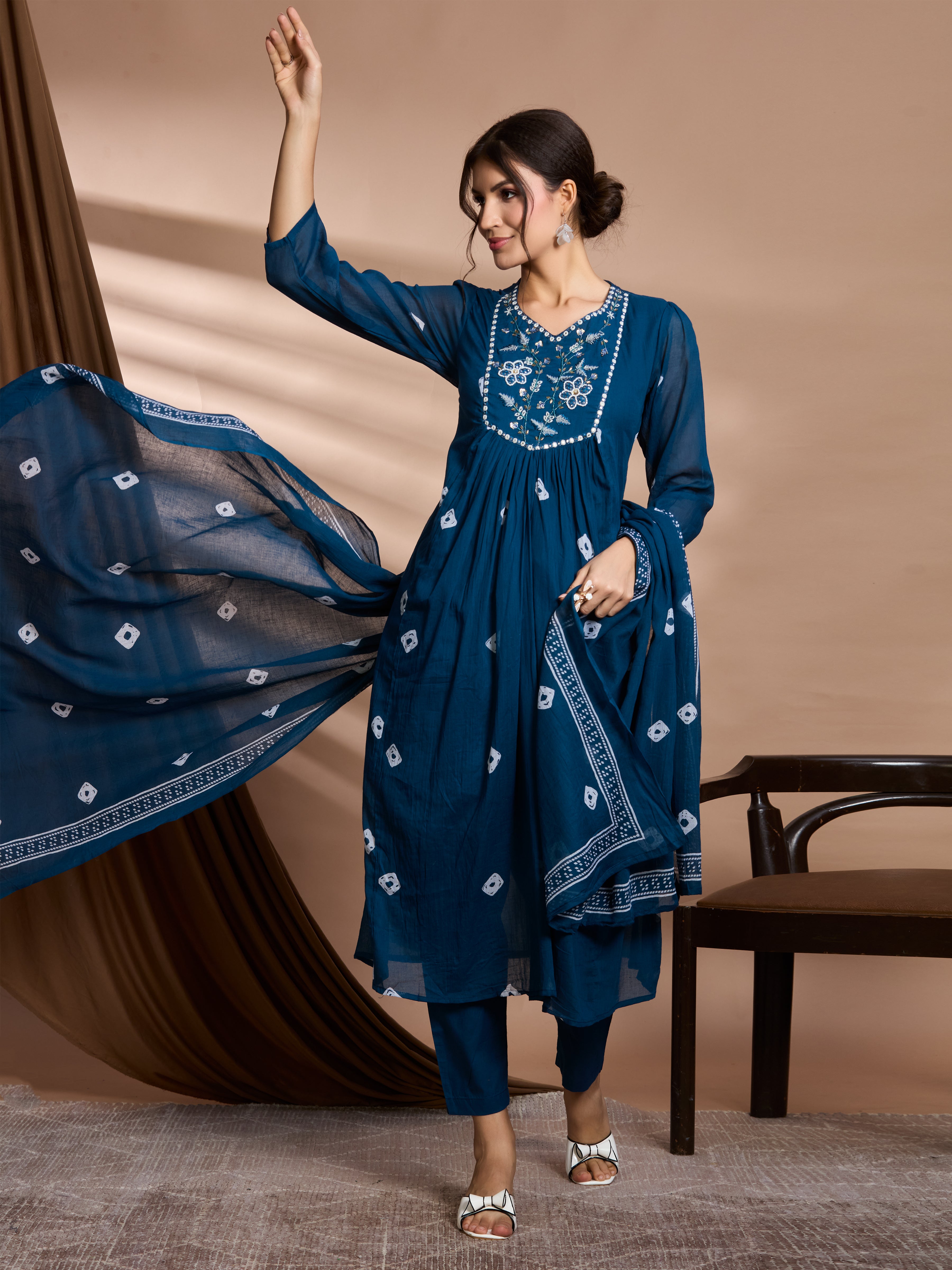 Navy Charm A-Line Suit Set with Ivory Block Prints with Cotton Dupatta