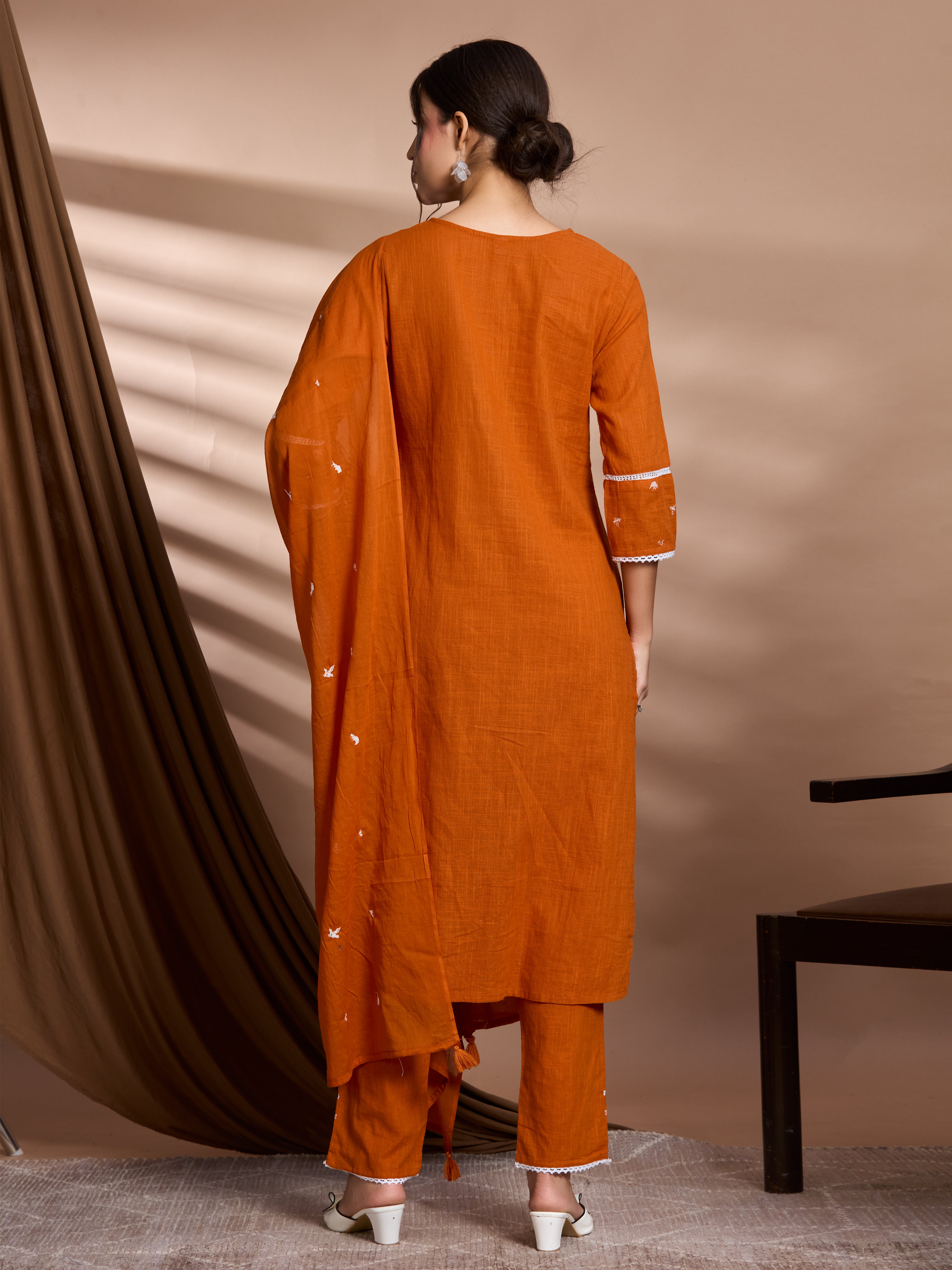 Sunset Glow Straight Suit Set with White Embroidery Accents in Pure Slub Cotton (Linen-like Finish) with Dupatta