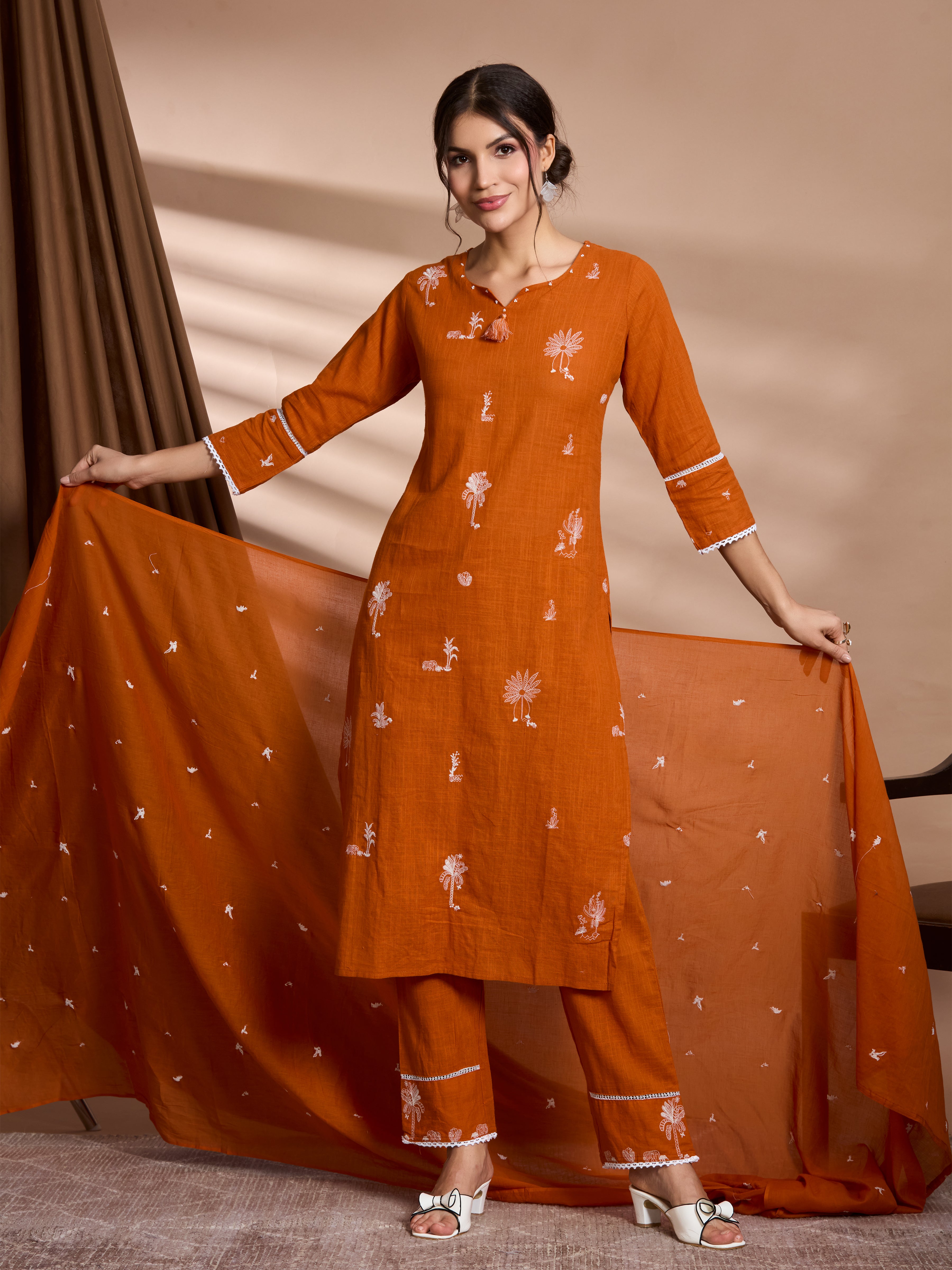 Sunset Glow Straight Suit Set with White Embroidery Accents in Pure Slub Cotton (Linen-like Finish) with Dupatta