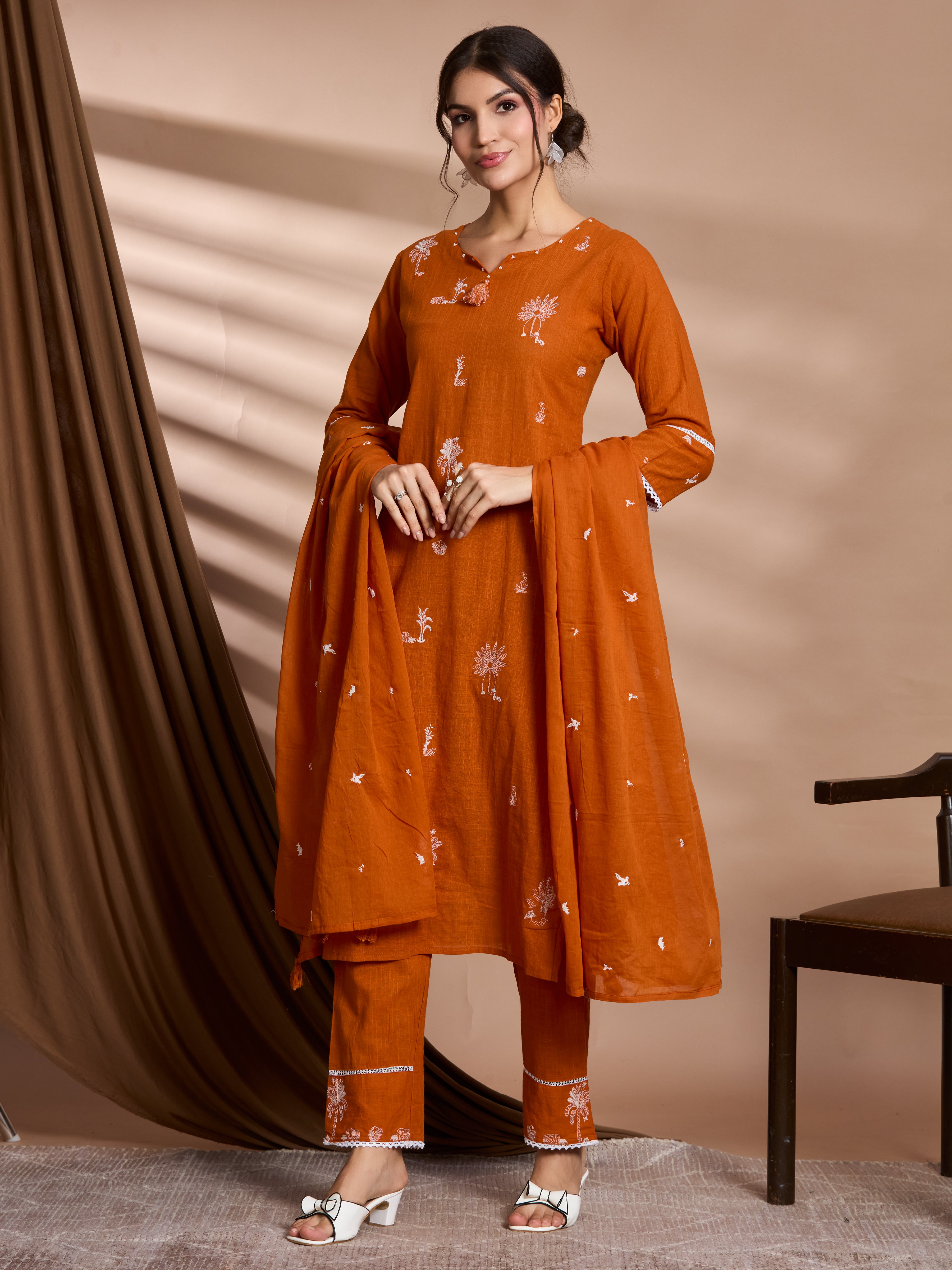 Sunset Glow Straight Suit Set with White Embroidery Accents in Pure Slub Cotton (Linen-like Finish) with Dupatta