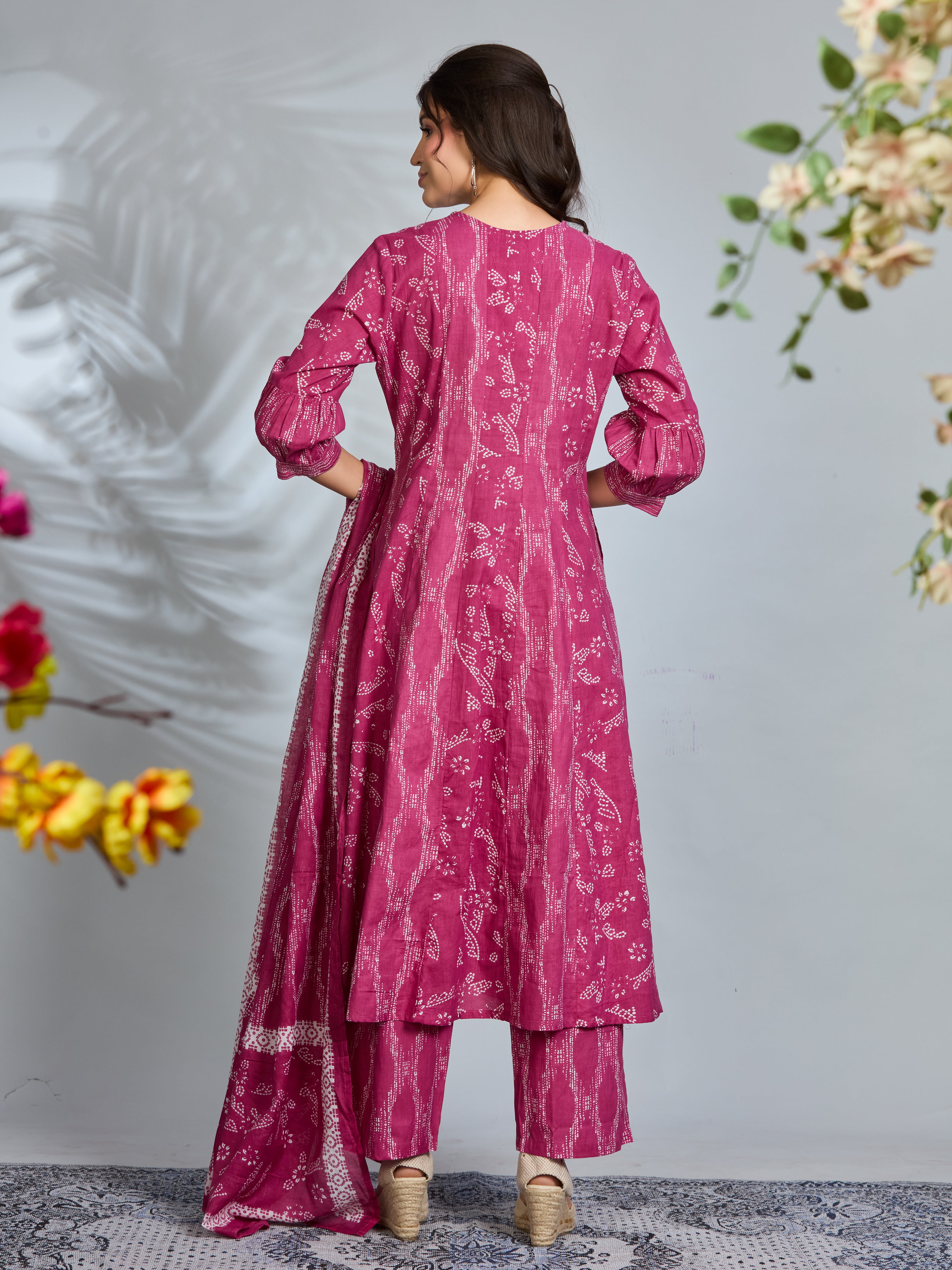 Rouge Pink Elegance A-Line Suit Set with Ivory Accents & Cotton Dupatta