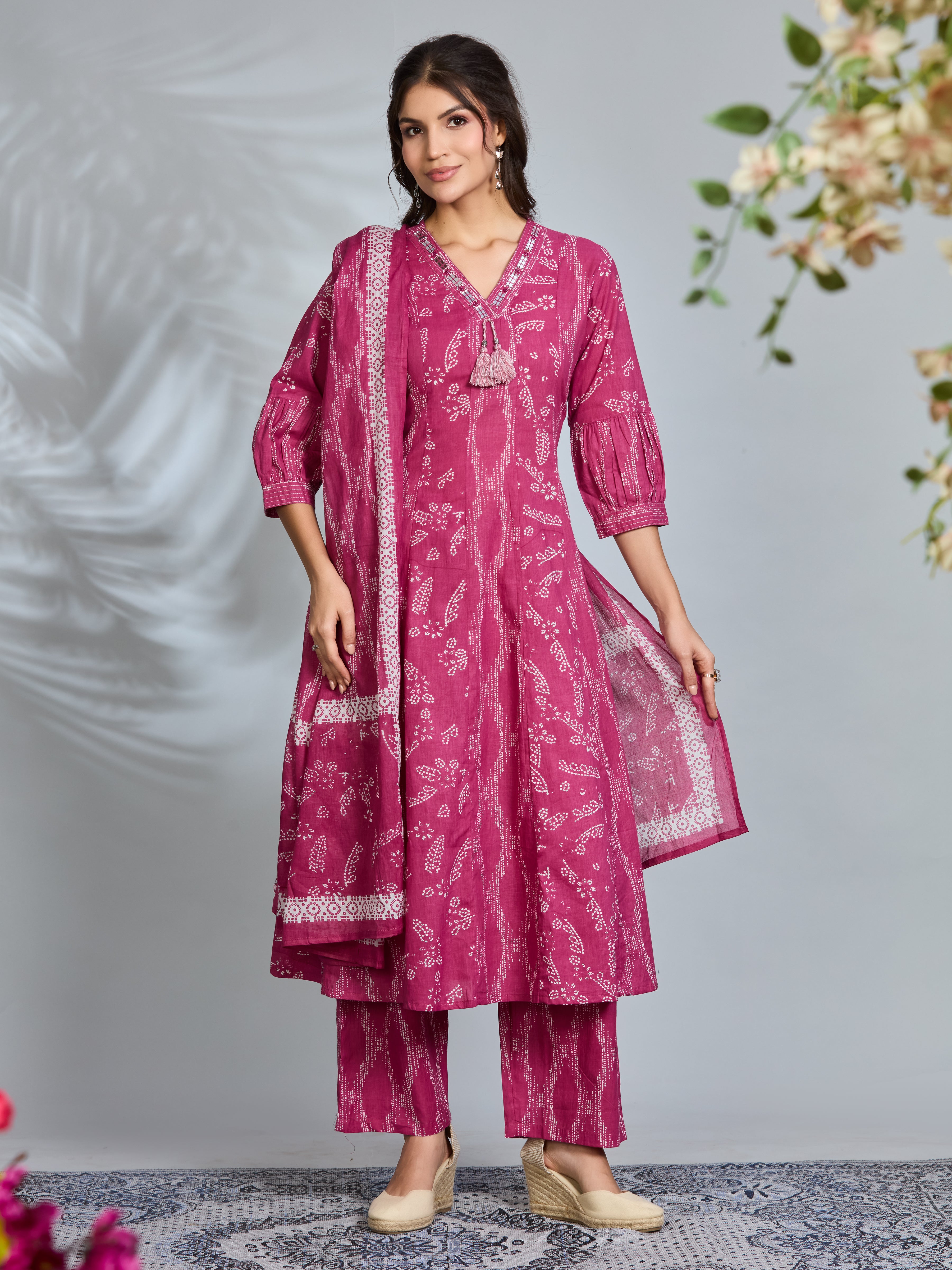 Rouge Pink Elegance A-Line Suit Set with Ivory Accents & Cotton Dupatta