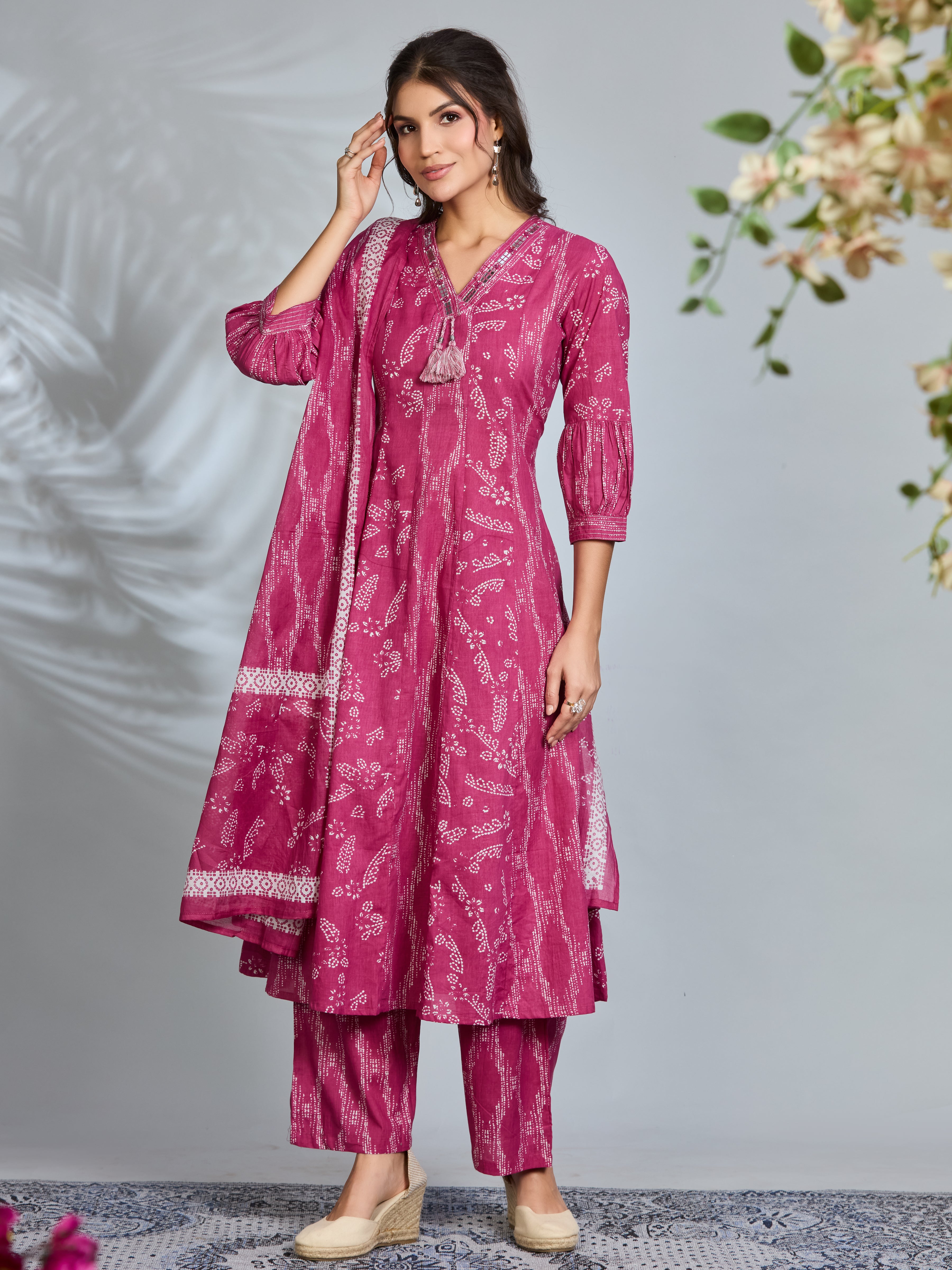 Rouge Pink Elegance A-Line Suit Set with Ivory Accents & Cotton Dupatta