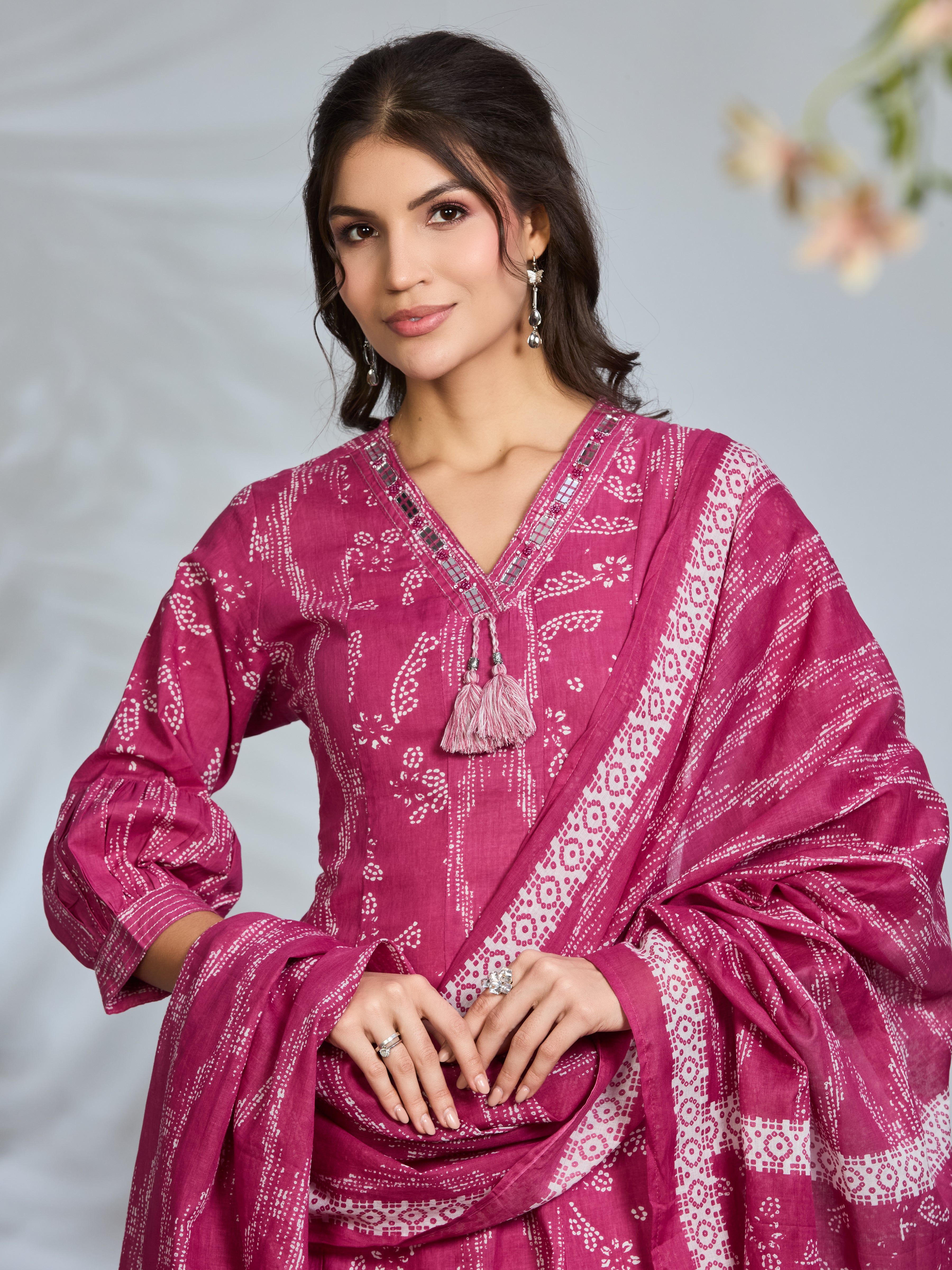 Rouge Pink Elegance A-Line Suit Set with Ivory Accents & Cotton Dupatta