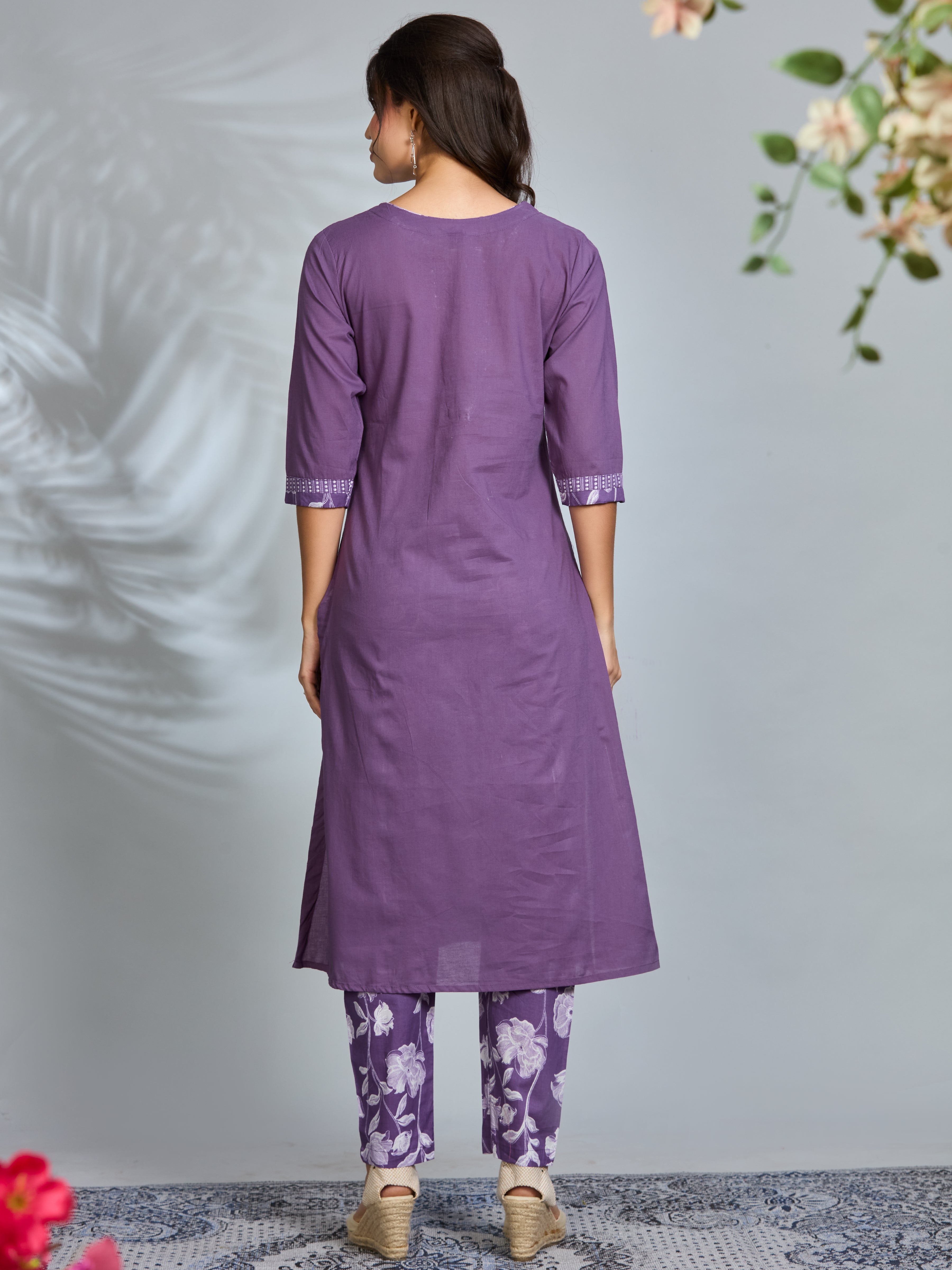 Lilac Garden A-Line Suit Set with Floral Block Prints and Cotton Dupatta