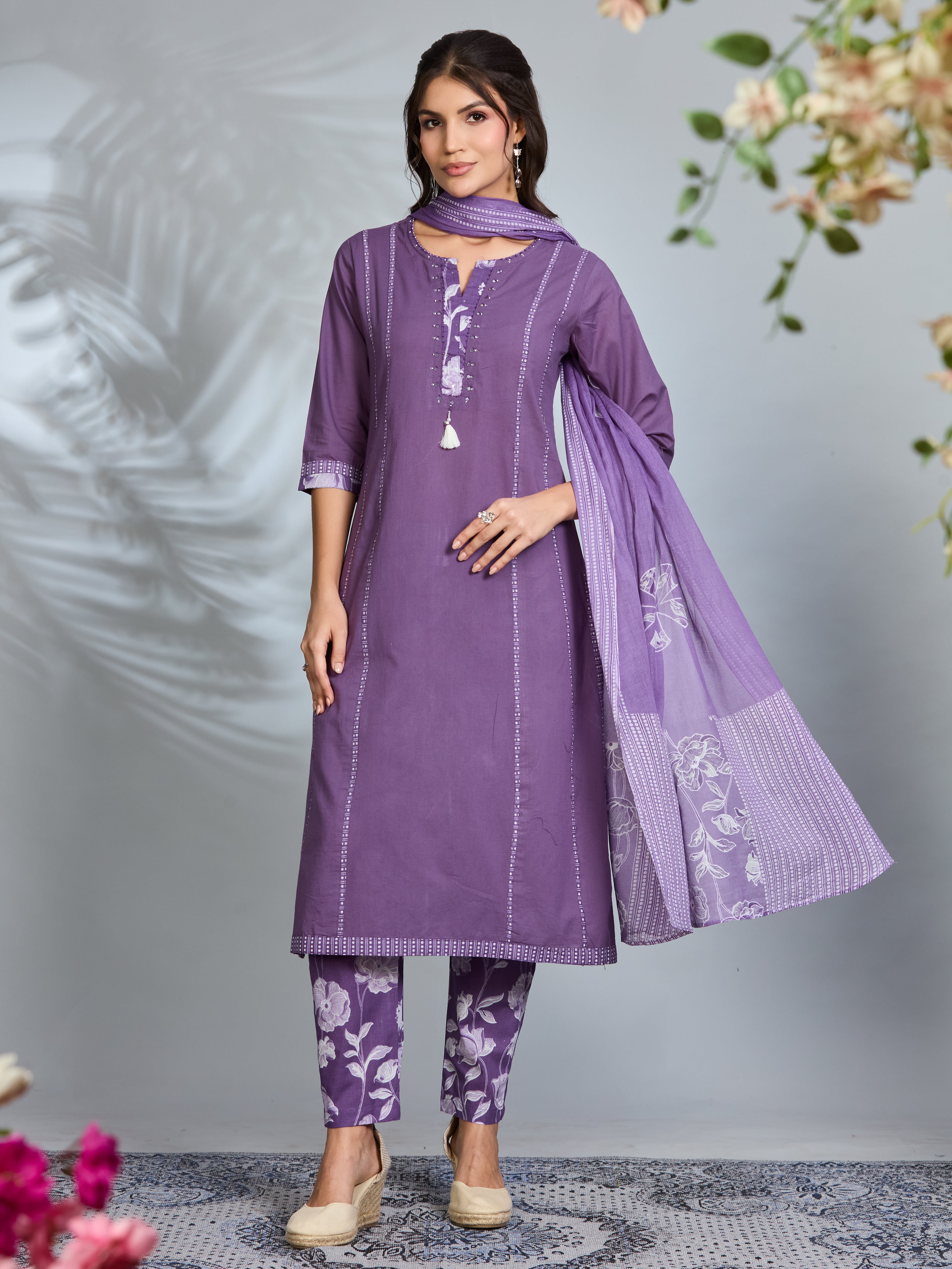Lilac Garden A-Line Suit Set with Floral Block Prints and Cotton Dupatta