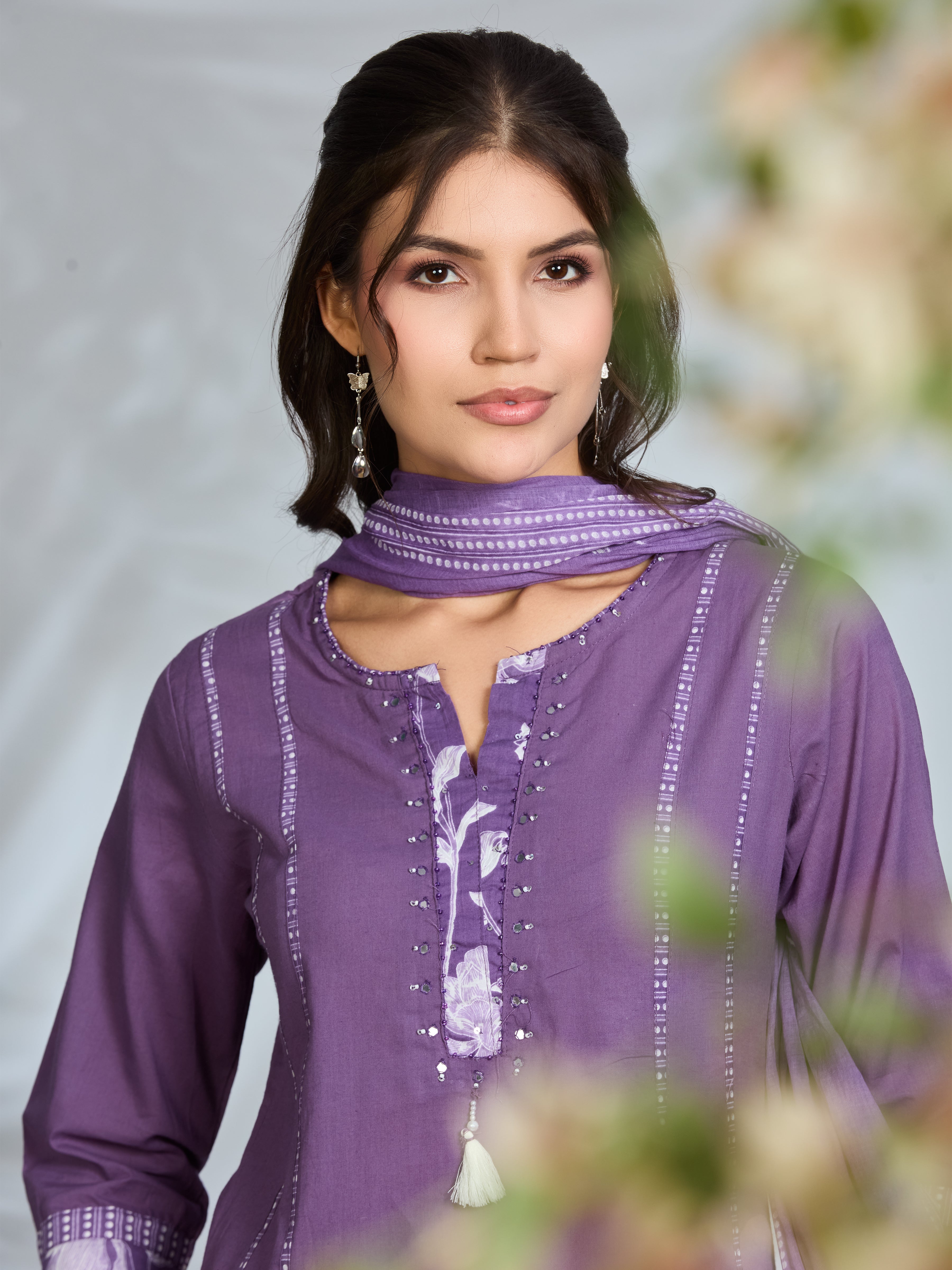 Lilac Garden A-Line Suit Set with Floral Block Prints and Cotton Dupatta