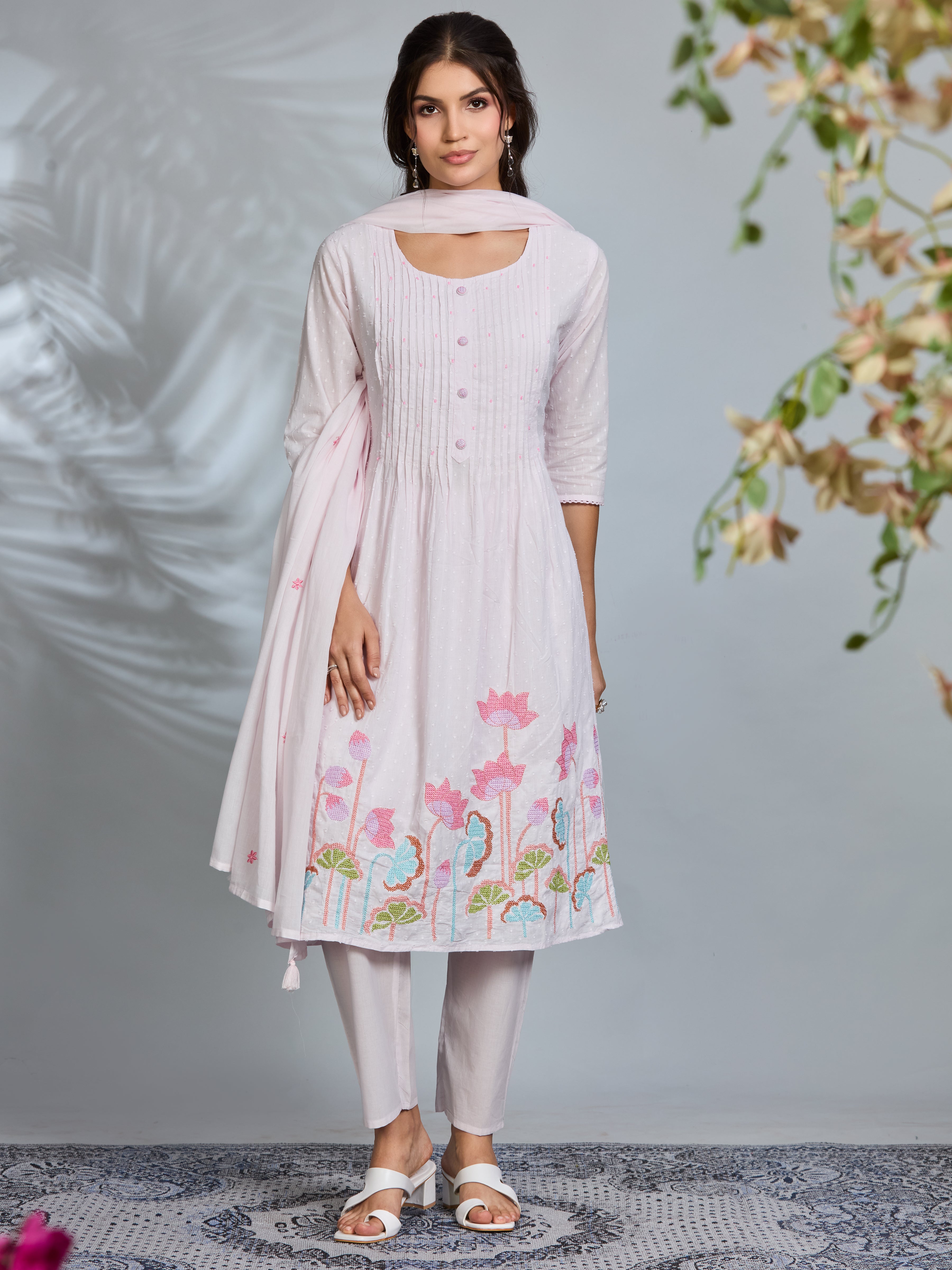 Pastel Pink Elegance A-Line Suit Set with Multicolour Waterlily Embroidered Details & Cotton Dupatta
