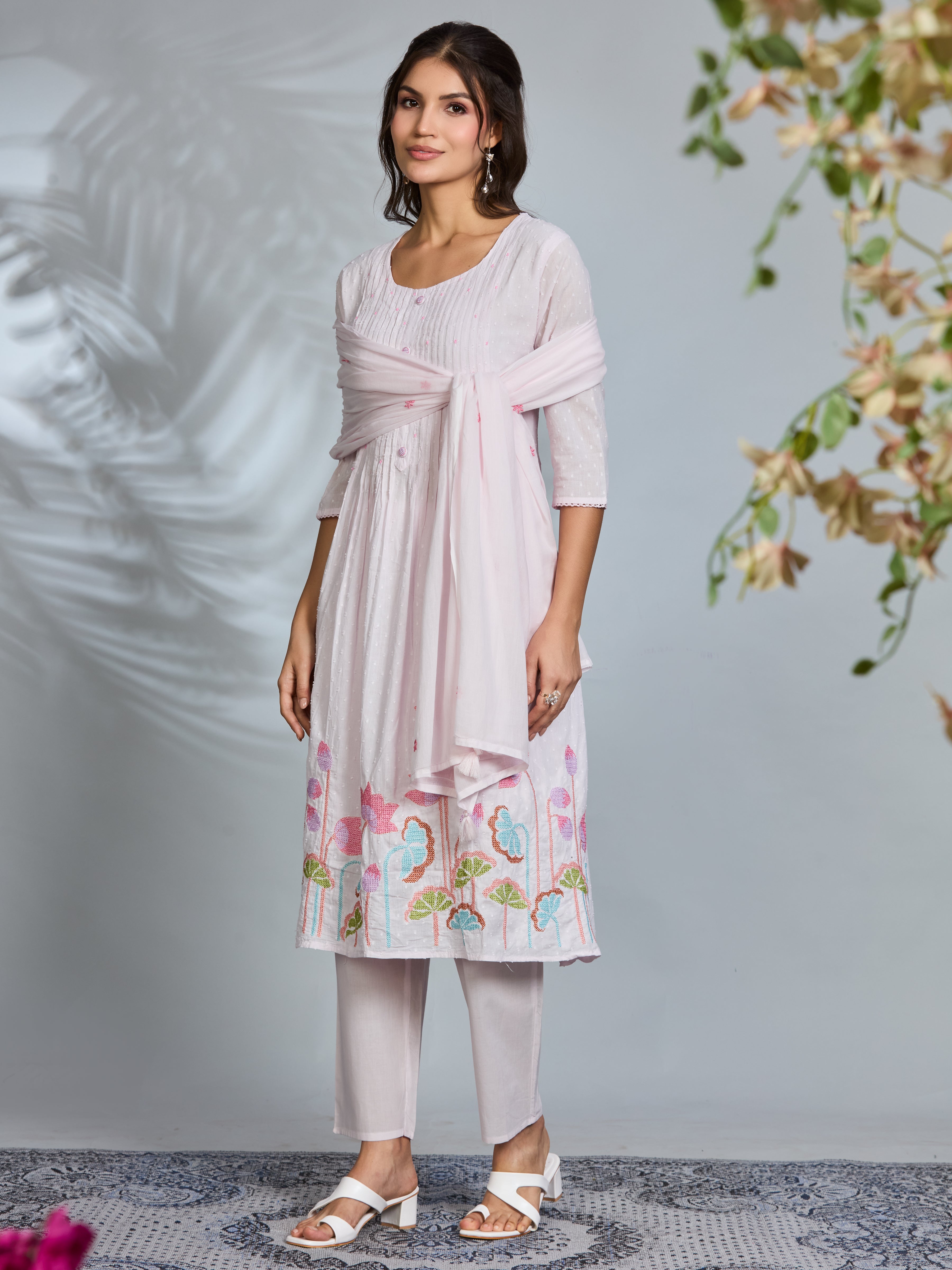 Pastel Pink Elegance A-Line Suit Set with Multicolour Waterlily Embroidered Details & Cotton Dupatta