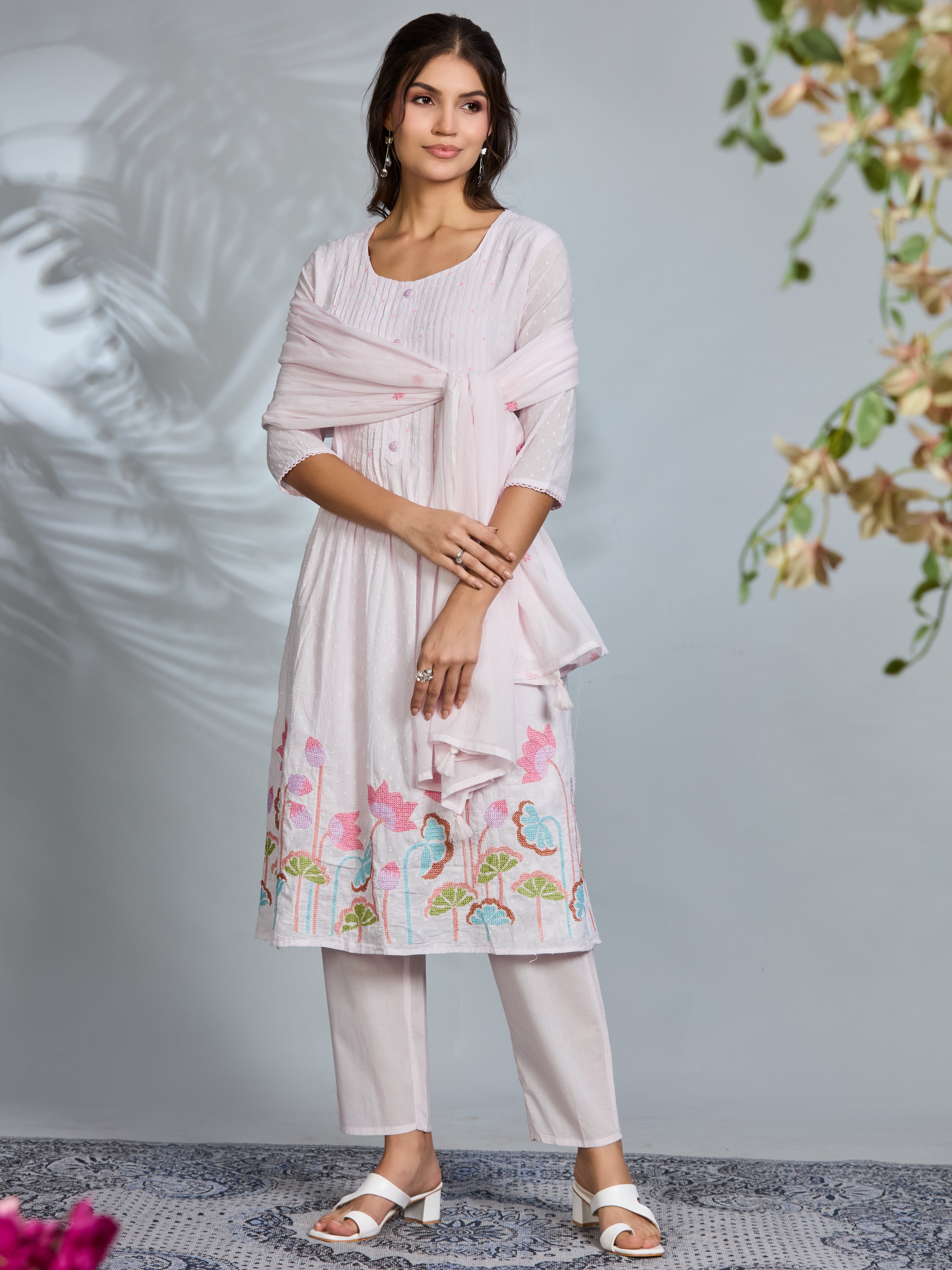 Pastel Pink Elegance A-Line Suit Set with Multicolour Waterlily Embroidered Details & Cotton Dupatta