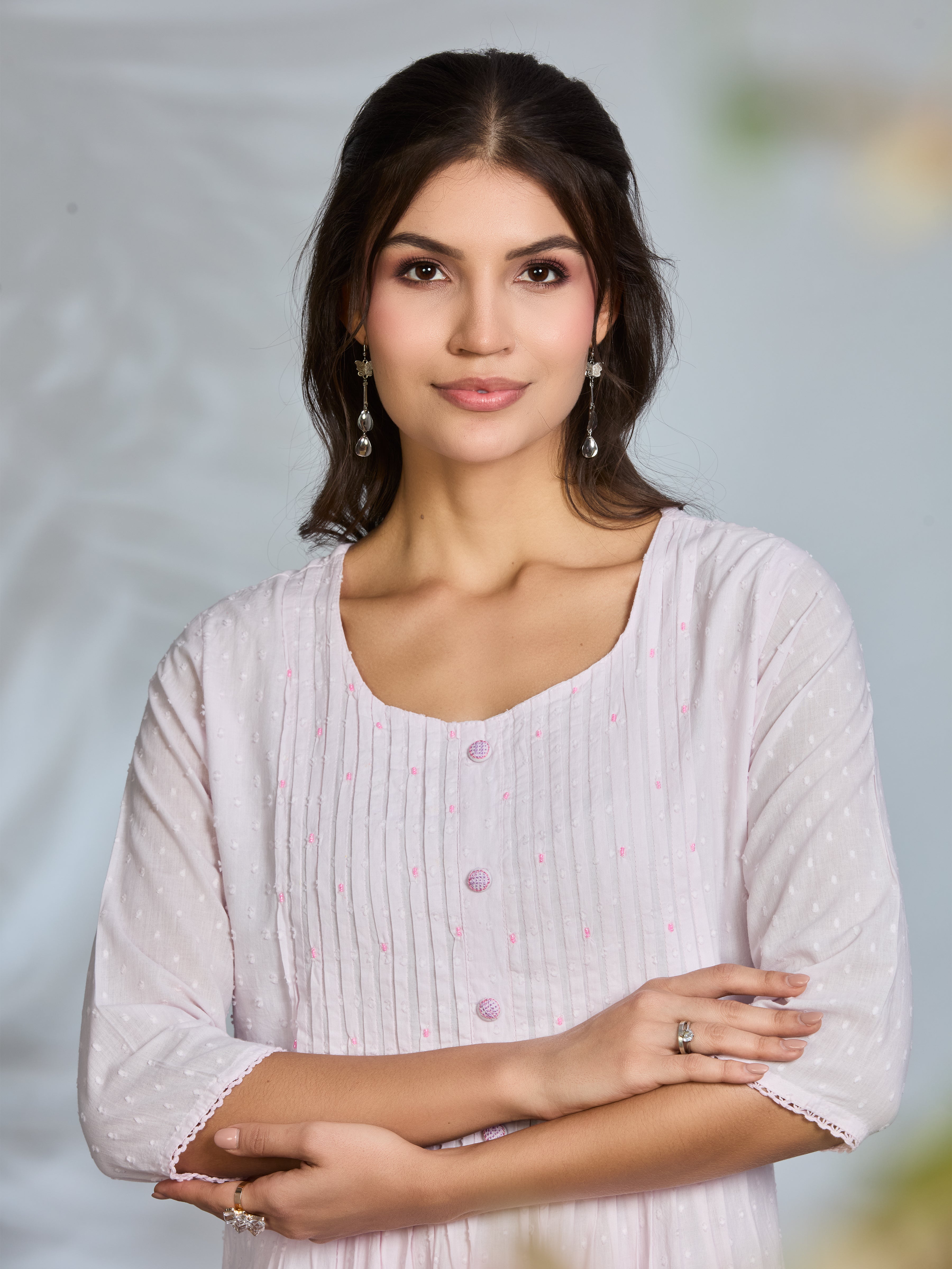 Pastel Pink Elegance A-Line Suit Set with Multicolour Waterlily Embroidered Details & Cotton Dupatta