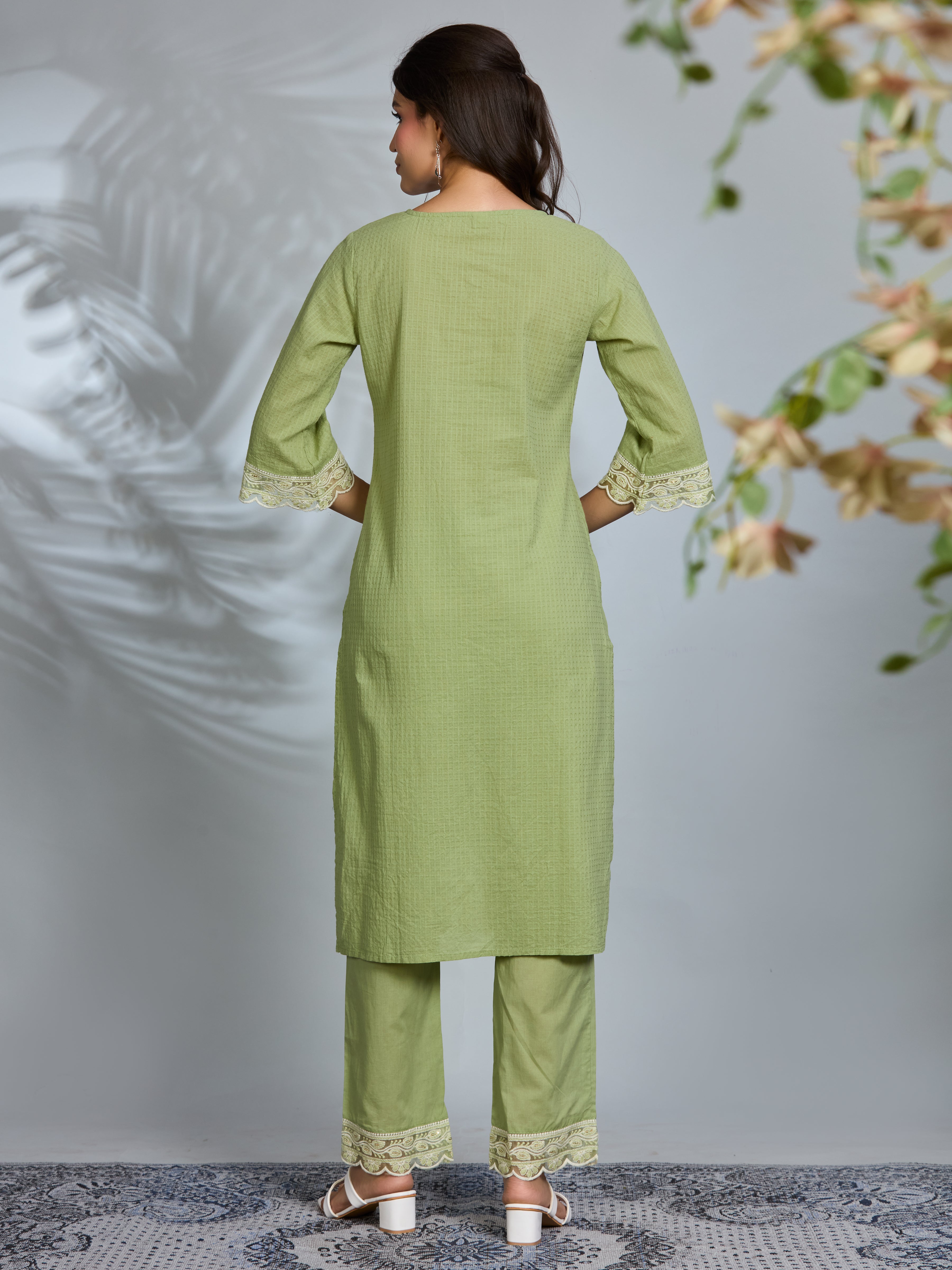 Pastel Green Elegance Straight Suit Set with White Embroidery & Cotton Dupatta