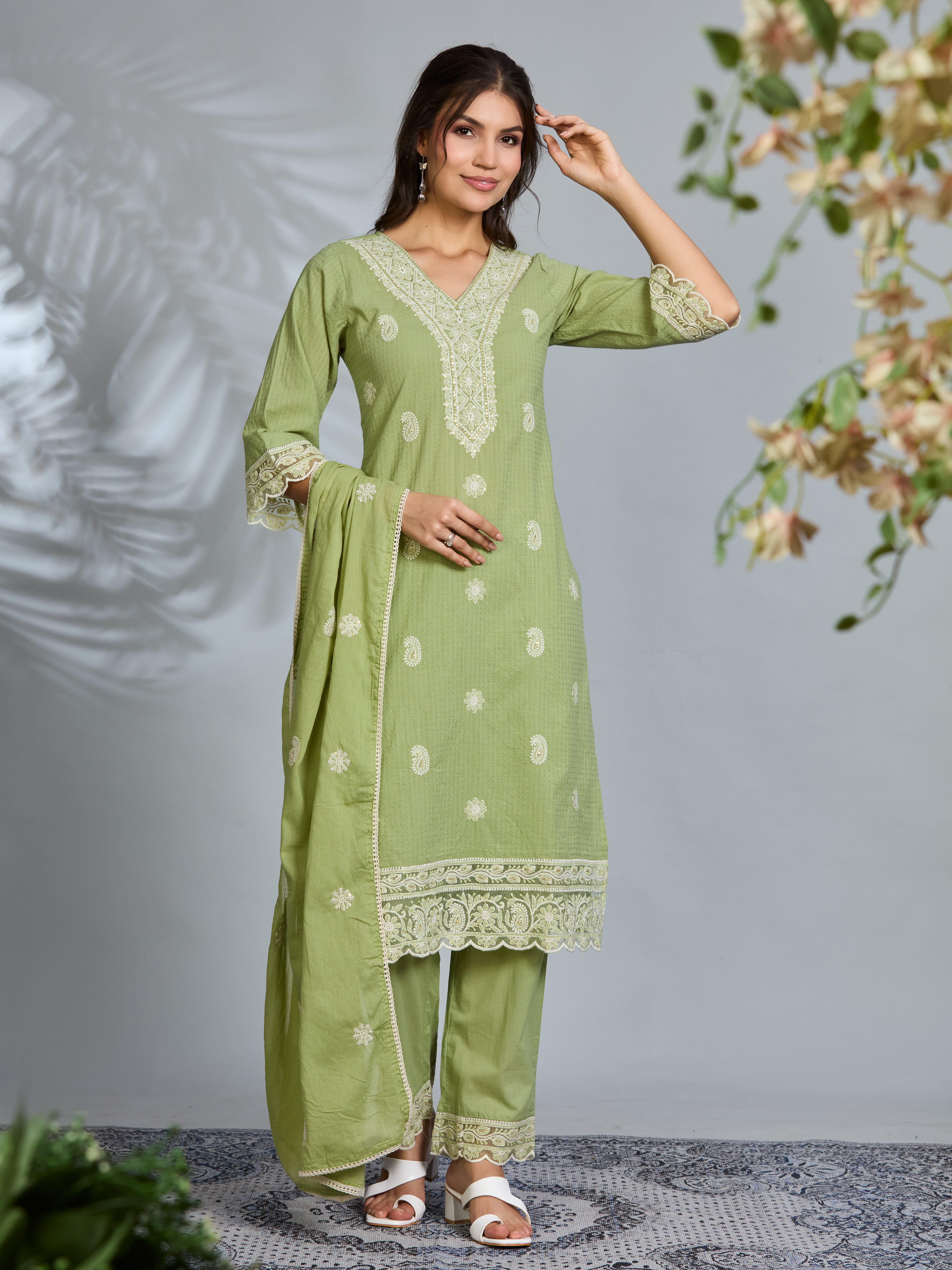 Pastel Green Elegance Straight Suit Set with White Embroidery & Cotton Dupatta