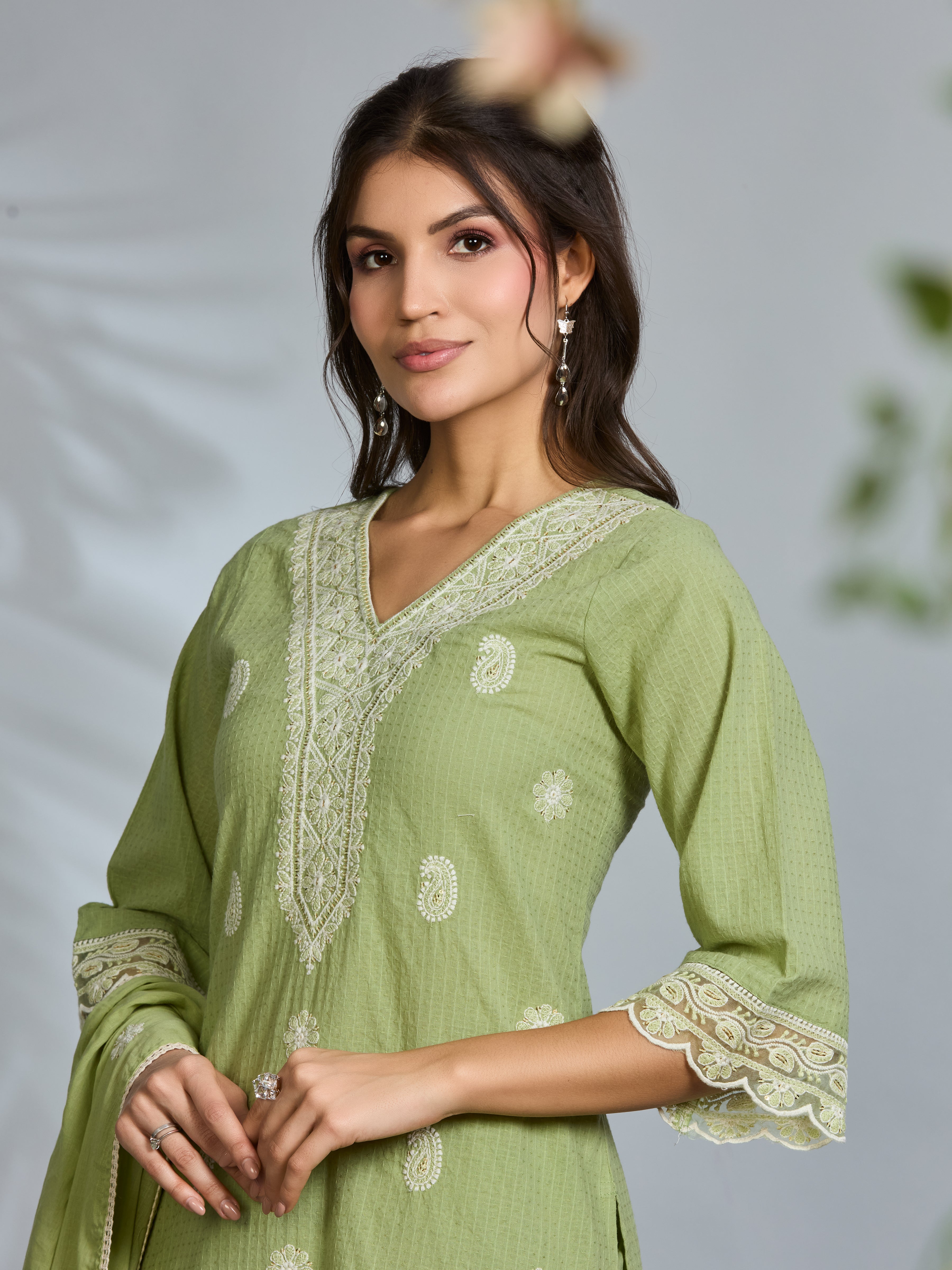 Pastel Green Elegance Straight Suit Set with White Embroidery & Cotton Dupatta