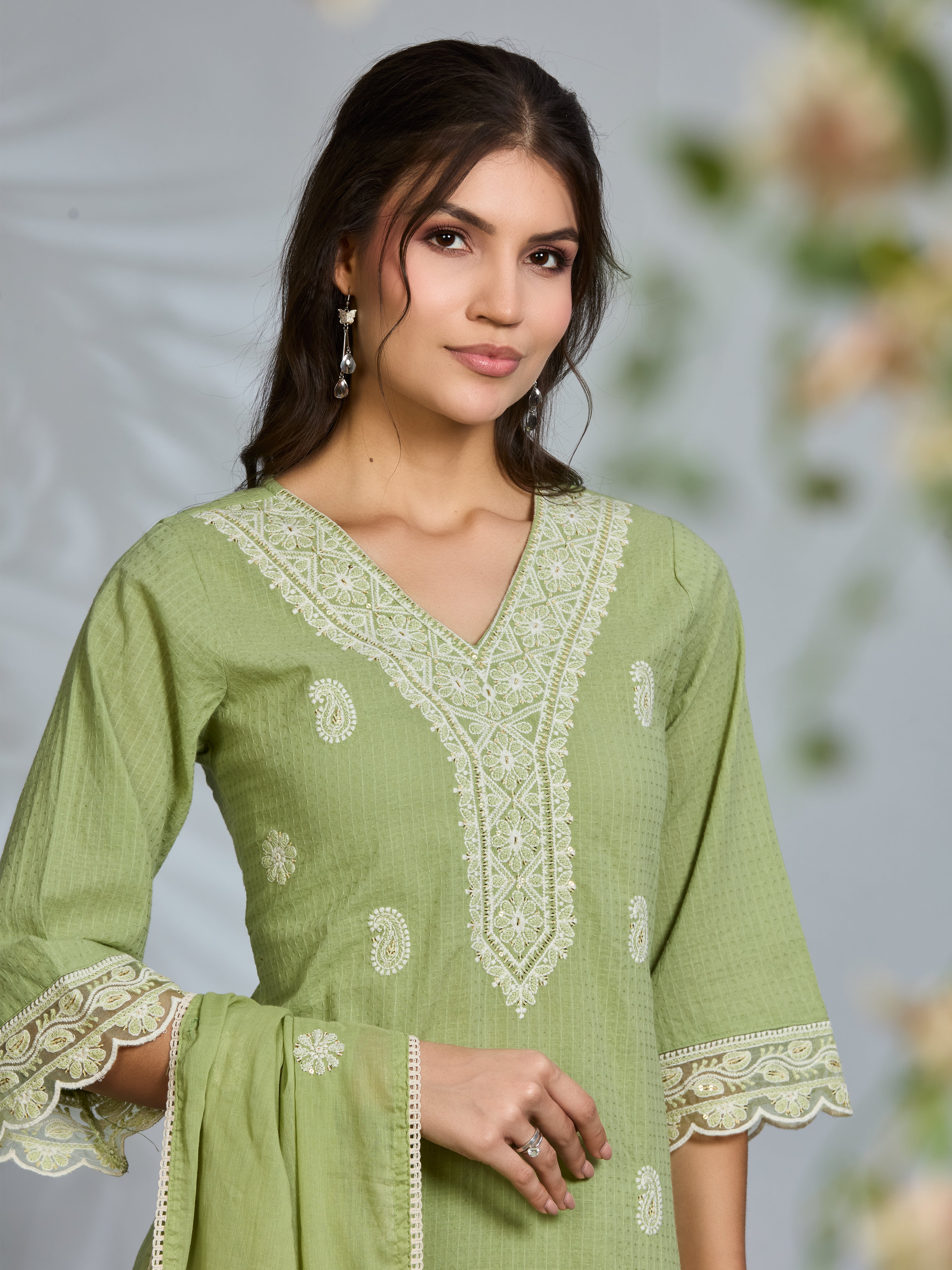 Pastel Green Elegance Straight Suit Set with White Embroidery & Cotton Dupatta