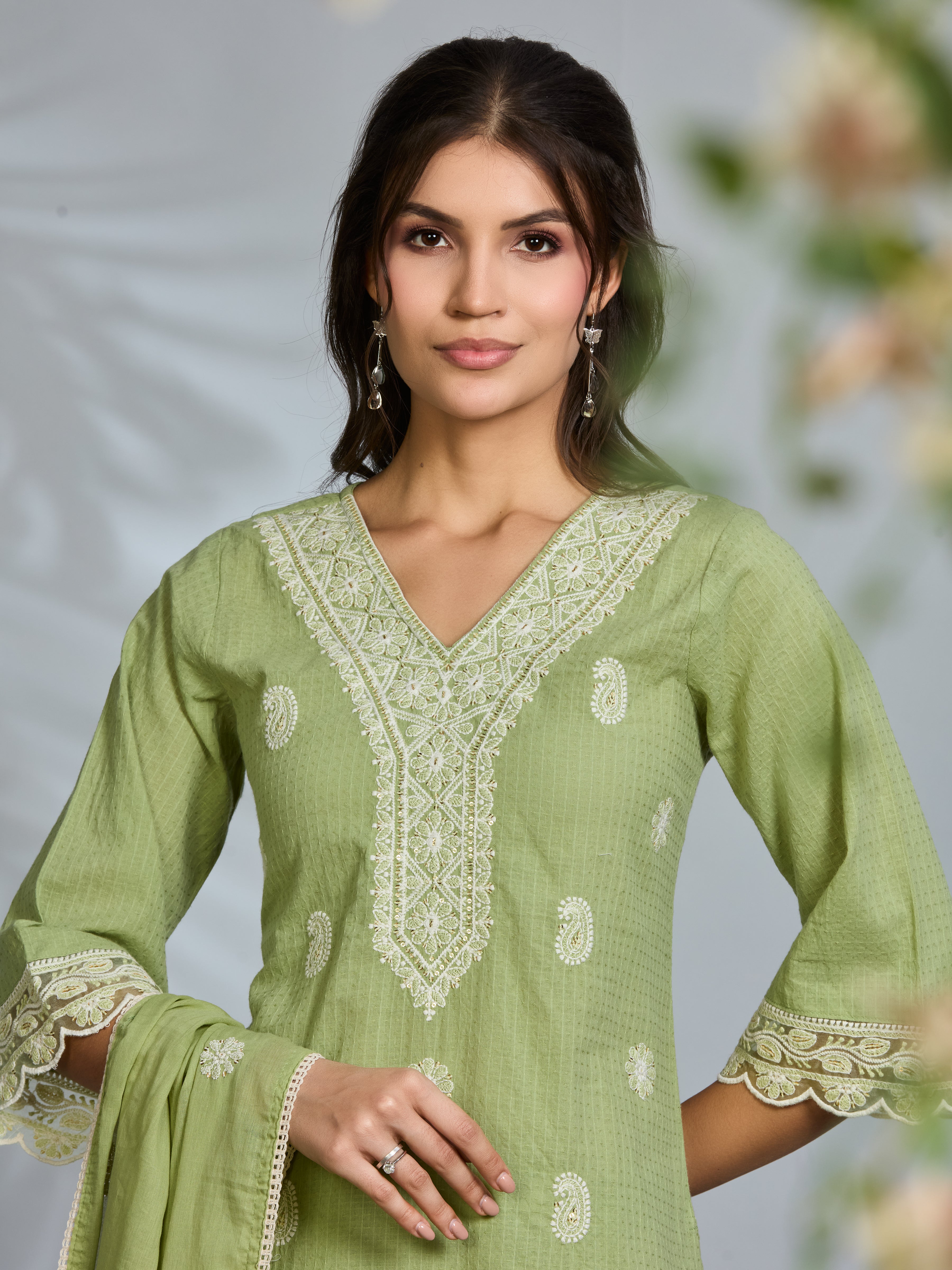 Pastel Green Elegance Straight Suit Set with White Embroidery & Cotton Dupatta