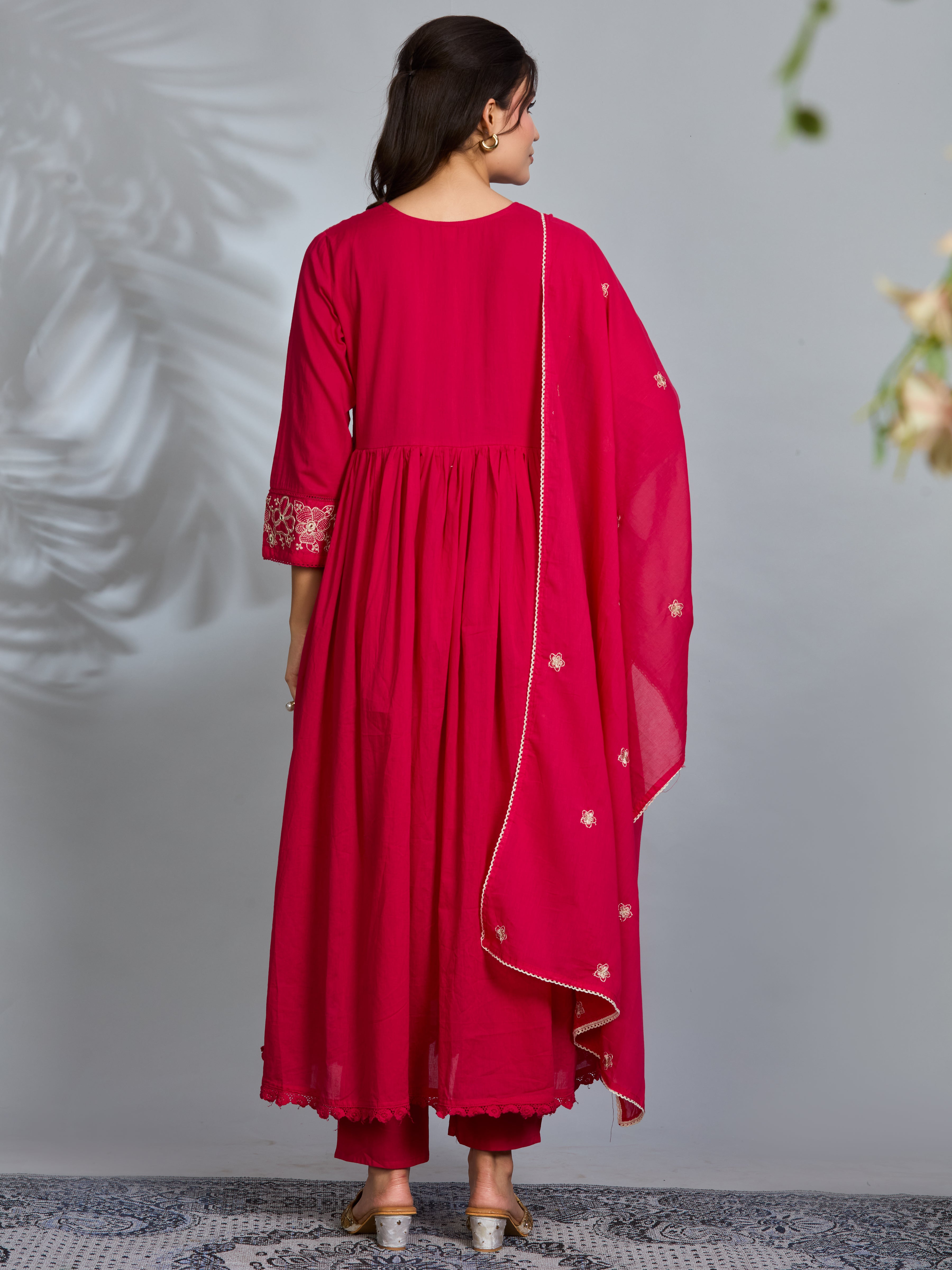 Rani Elegance Anarkali Suit Set with Ivory Embroidery Accents in Pure Cotton with Dupatta