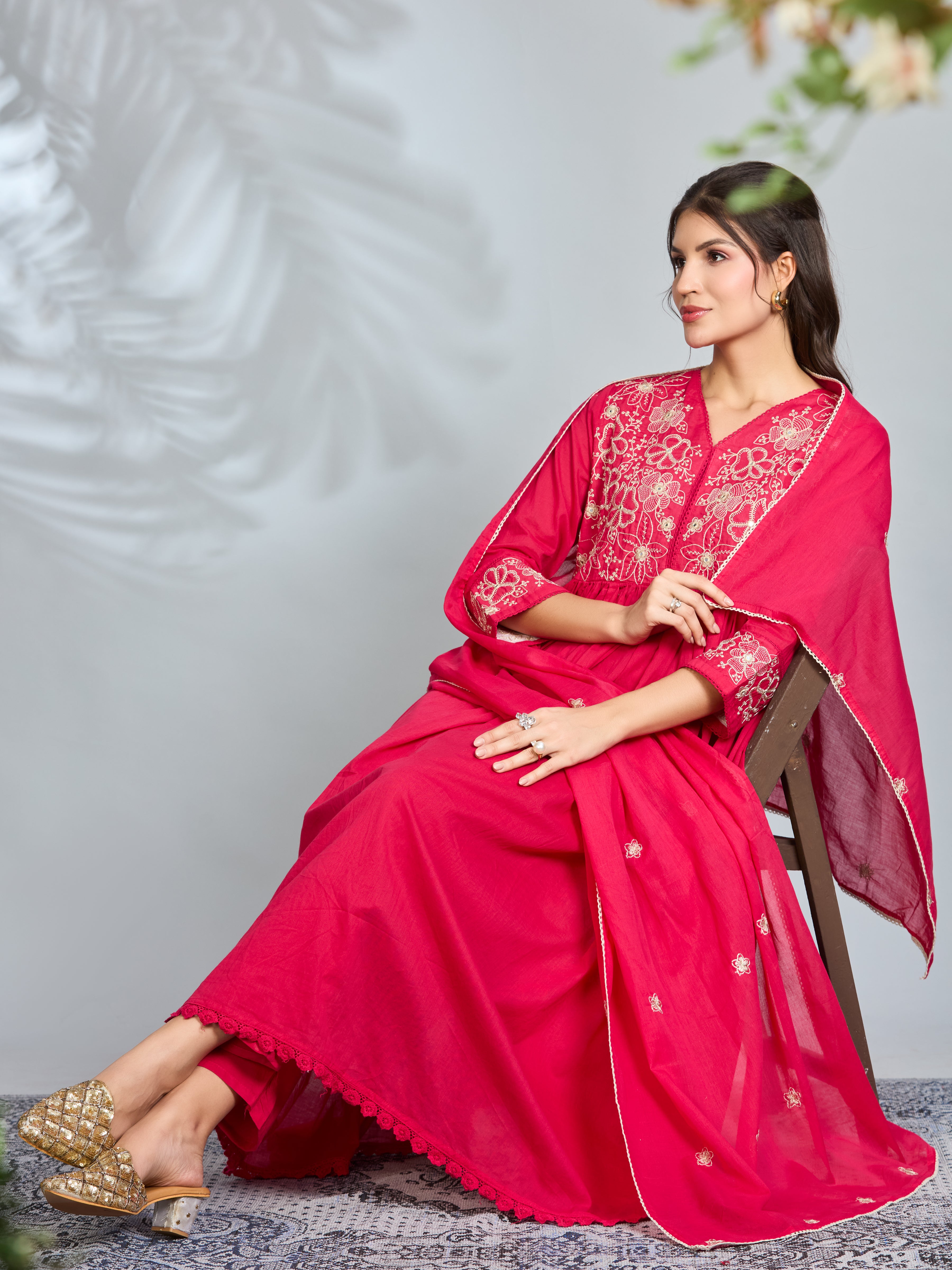 Rani Elegance Anarkali Suit Set with Ivory Embroidery Accents in Pure Cotton with Dupatta