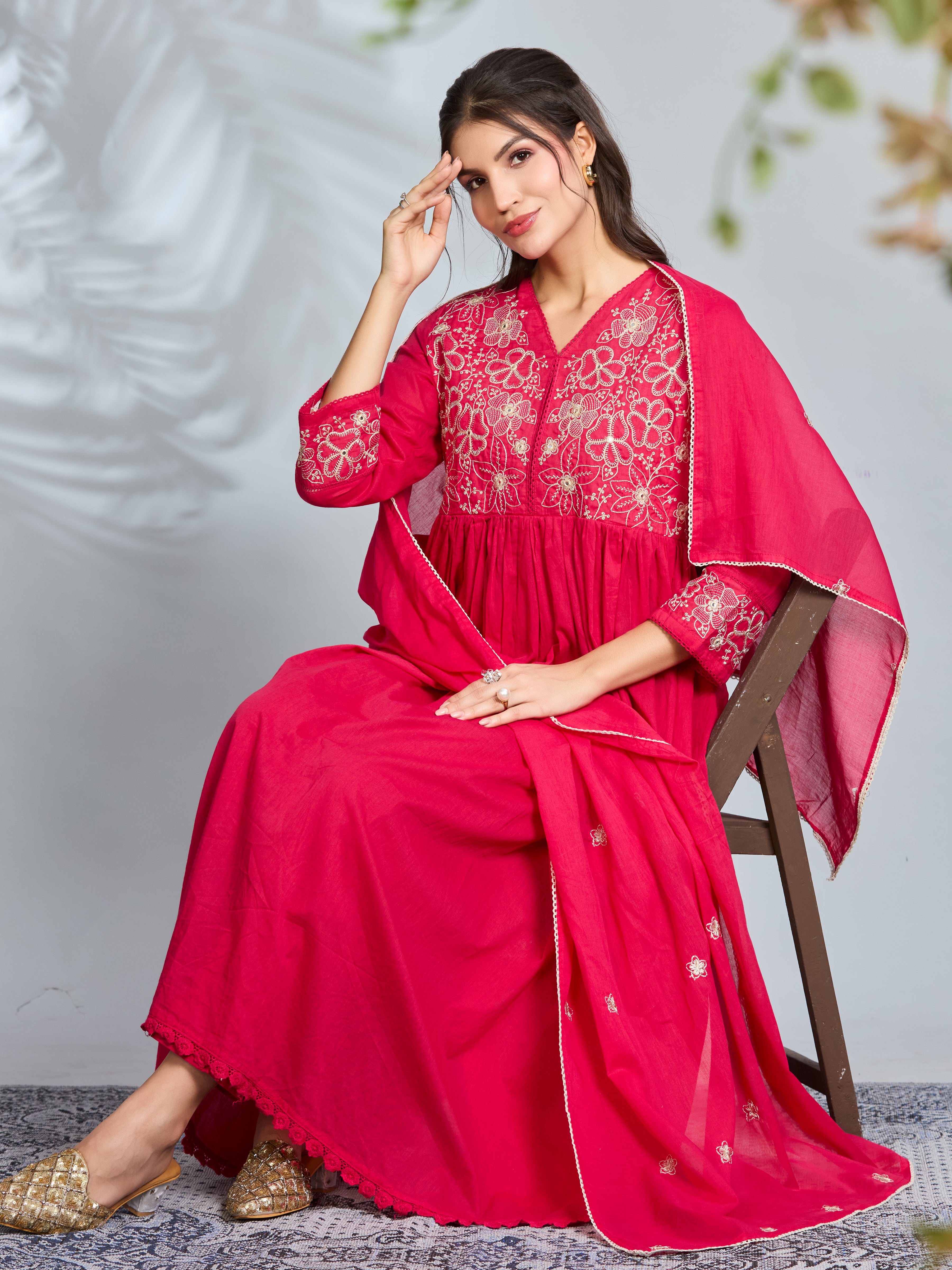 Rani Elegance Anarkali Suit Set with Ivory Embroidery Accents in Pure Cotton with Dupatta