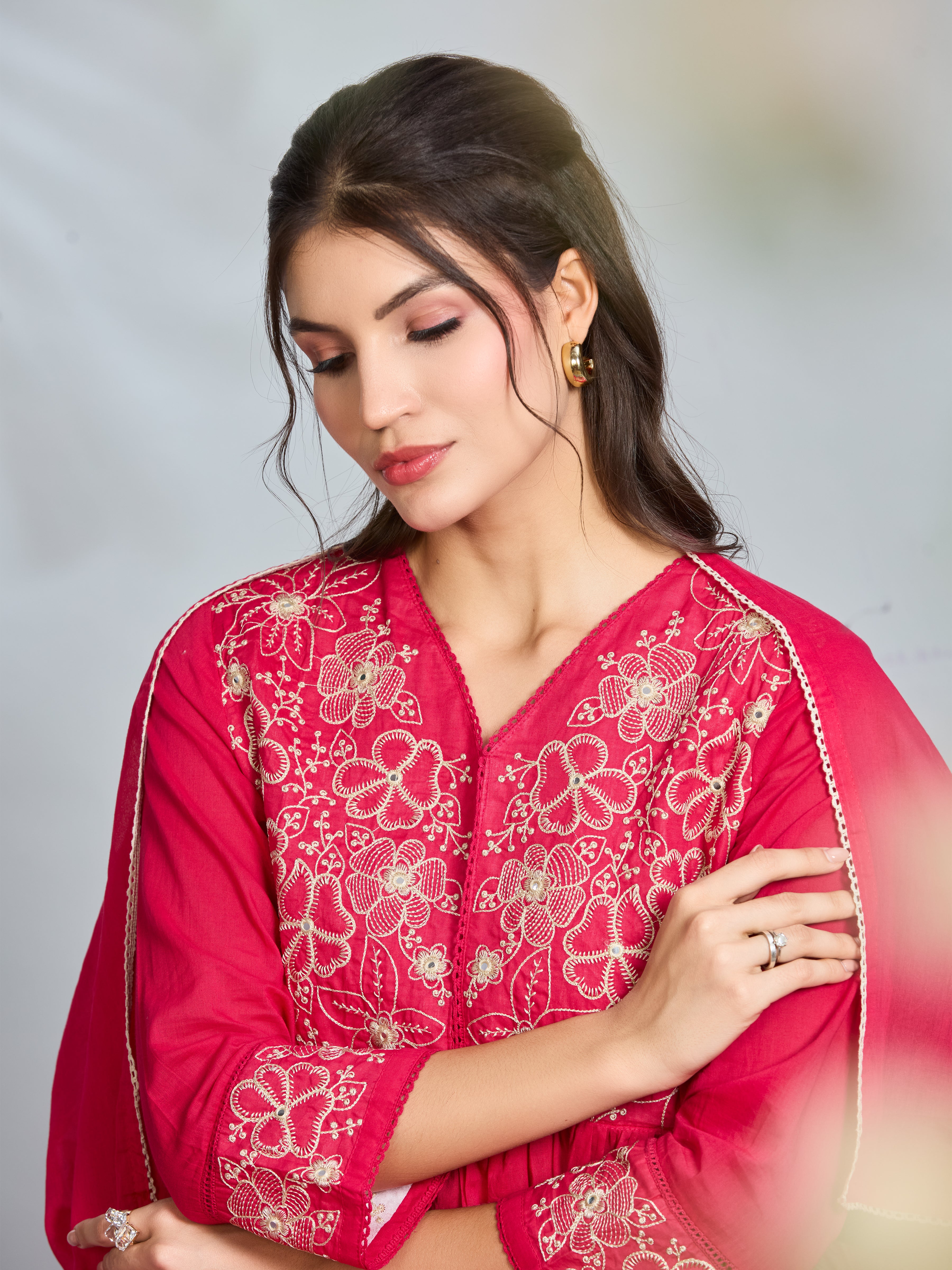 Rani Elegance Anarkali Suit Set with Ivory Embroidery Accents in Pure Cotton with Dupatta