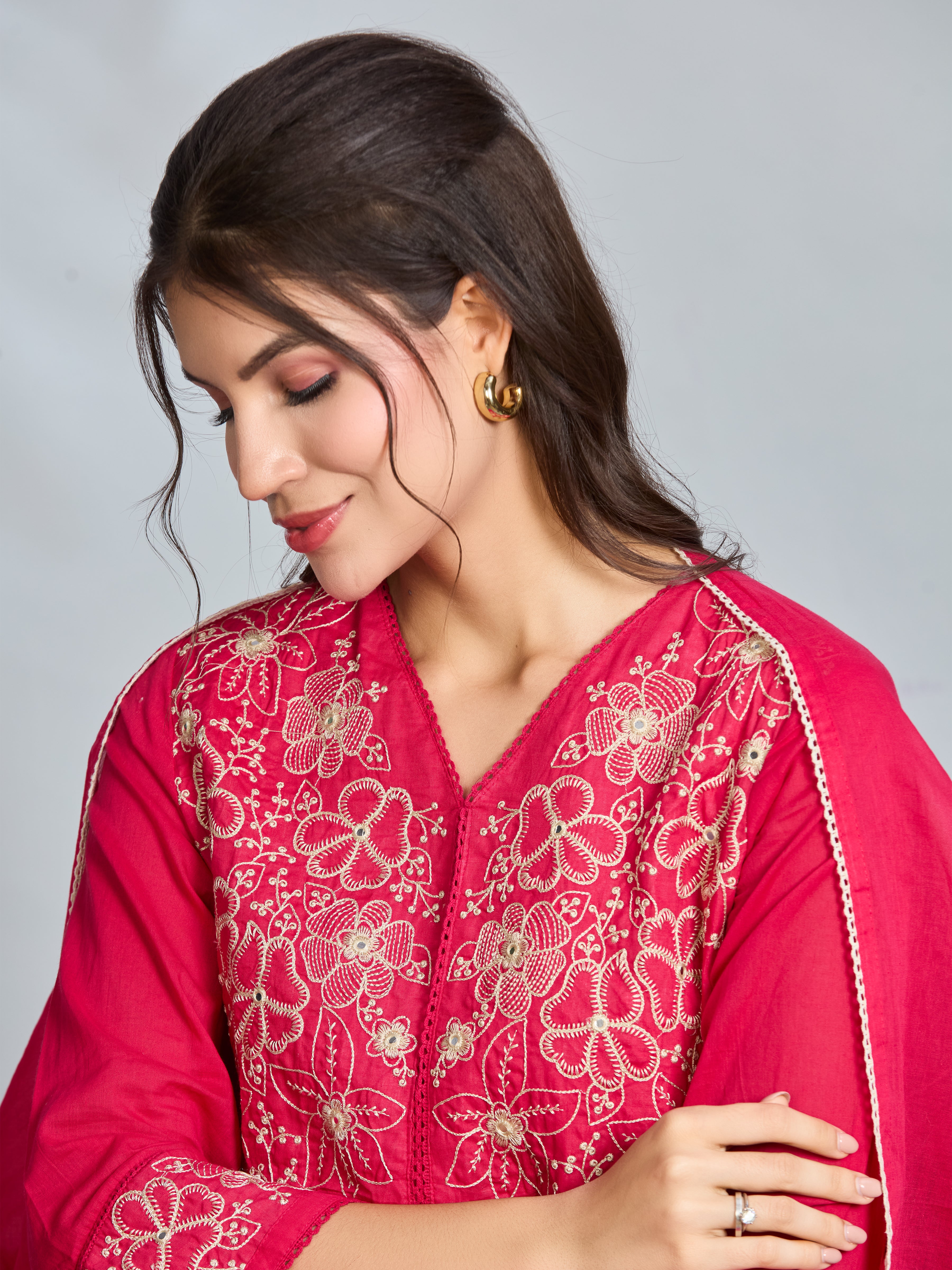 Rani Elegance Anarkali Suit Set with Ivory Embroidery Accents in Pure Cotton with Dupatta