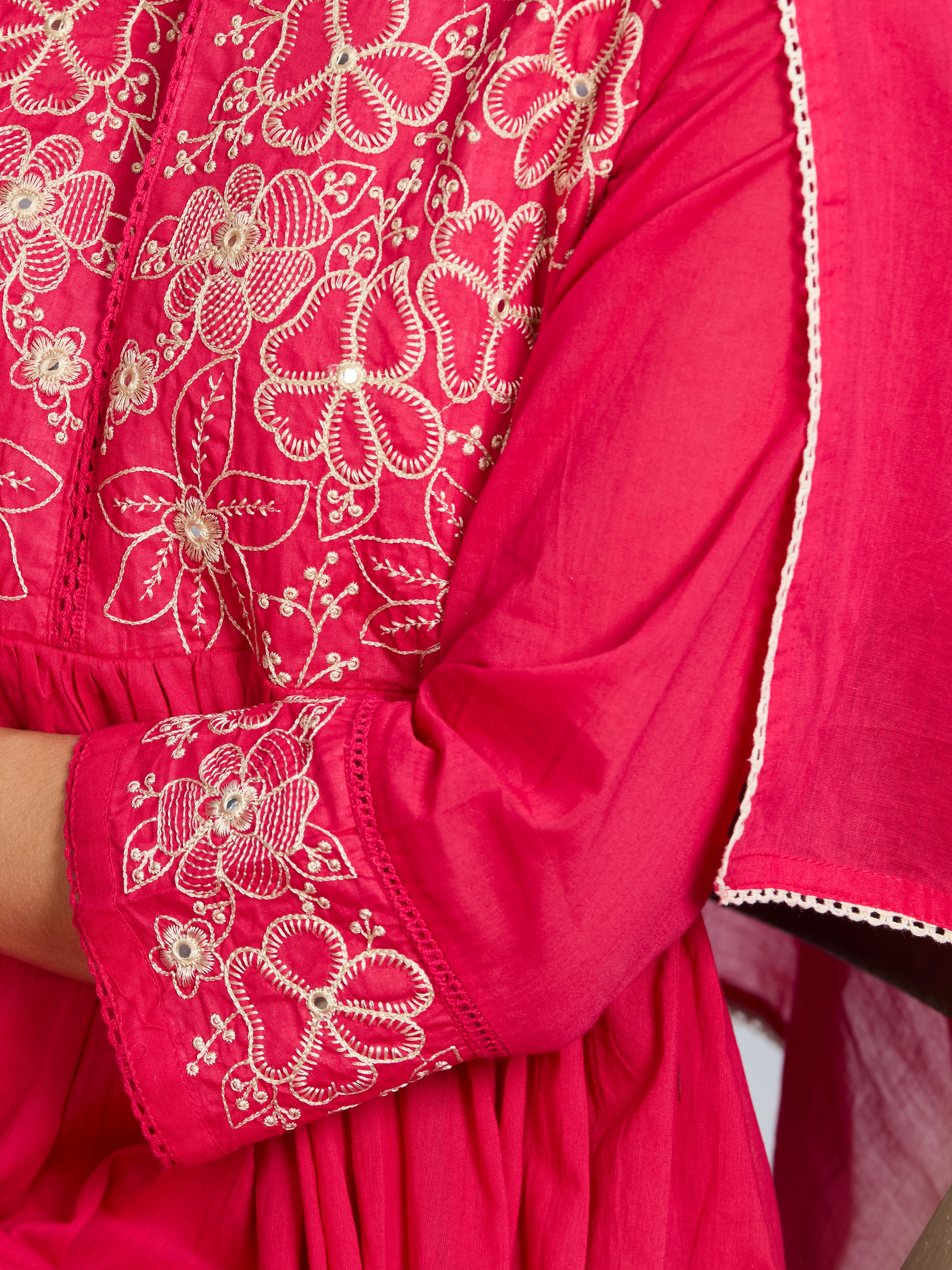 Rani Elegance Anarkali Suit Set with Ivory Embroidery Accents in Pure Cotton with Dupatta