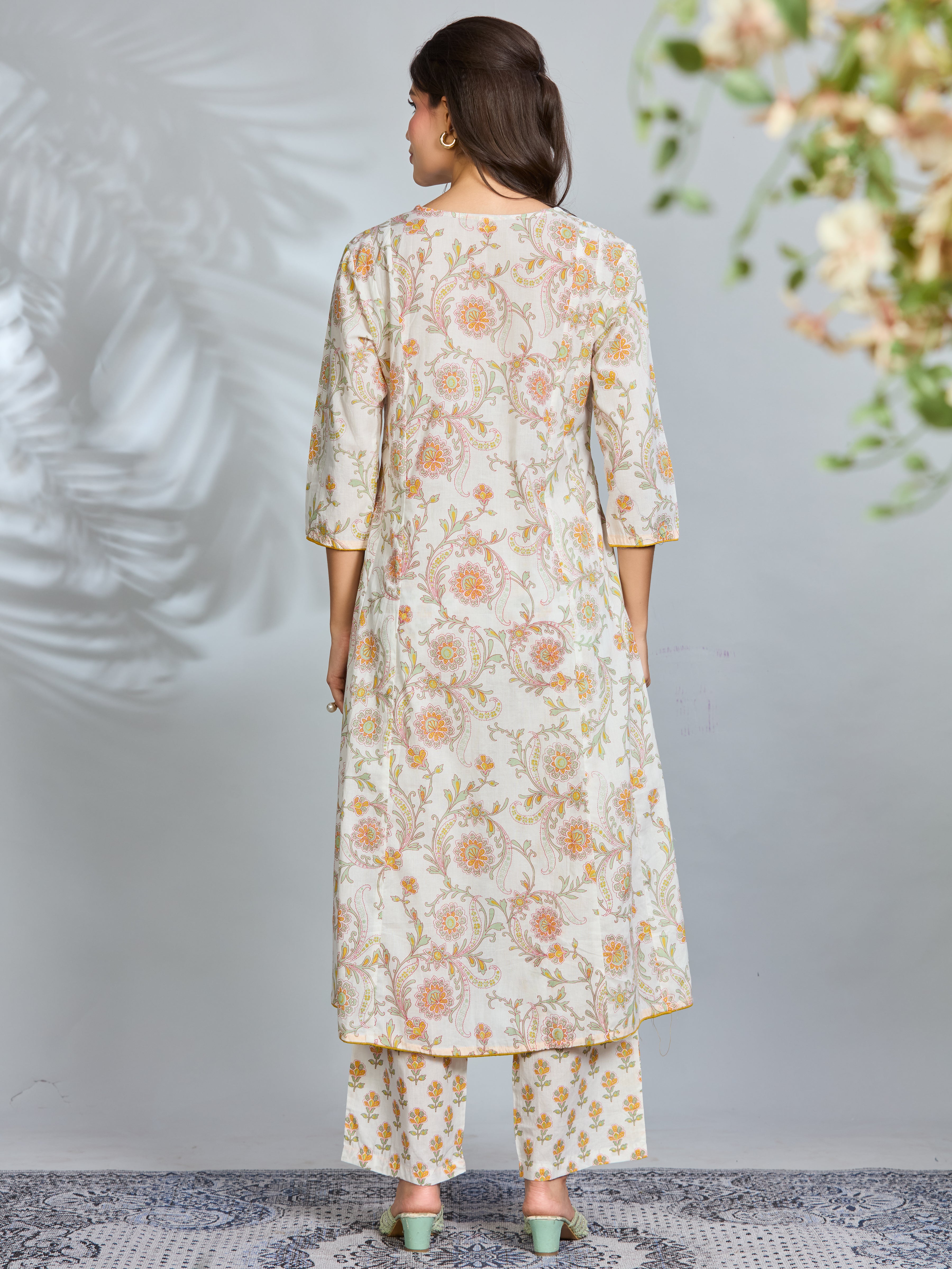 Sunny Bloom A-Line Suit Set with Yellow Floral Block Prints in Pure Cotton with Dupatta