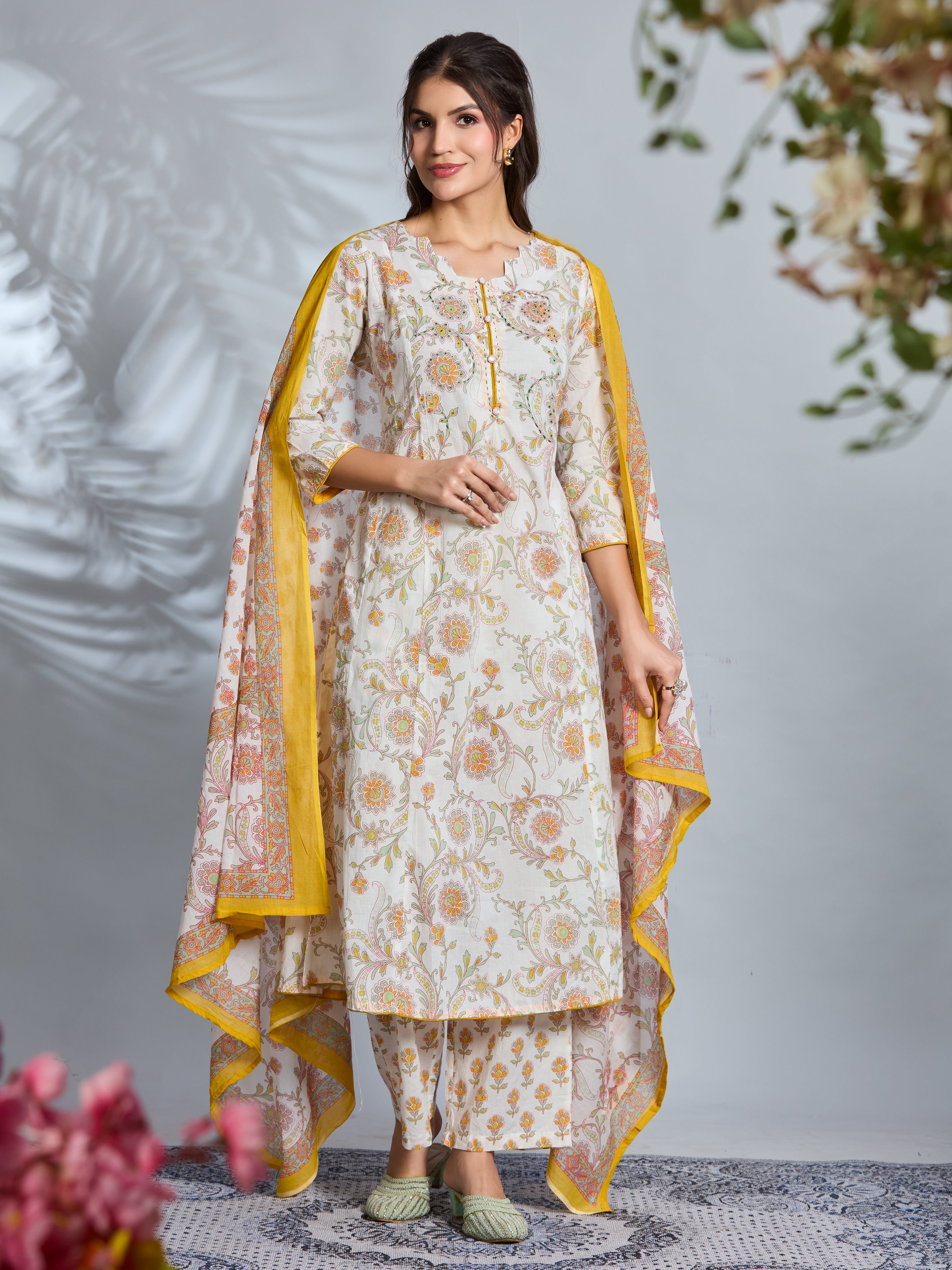 Sunny Bloom A-Line Suit Set with Yellow Floral Block Prints in Pure Cotton with Dupatta