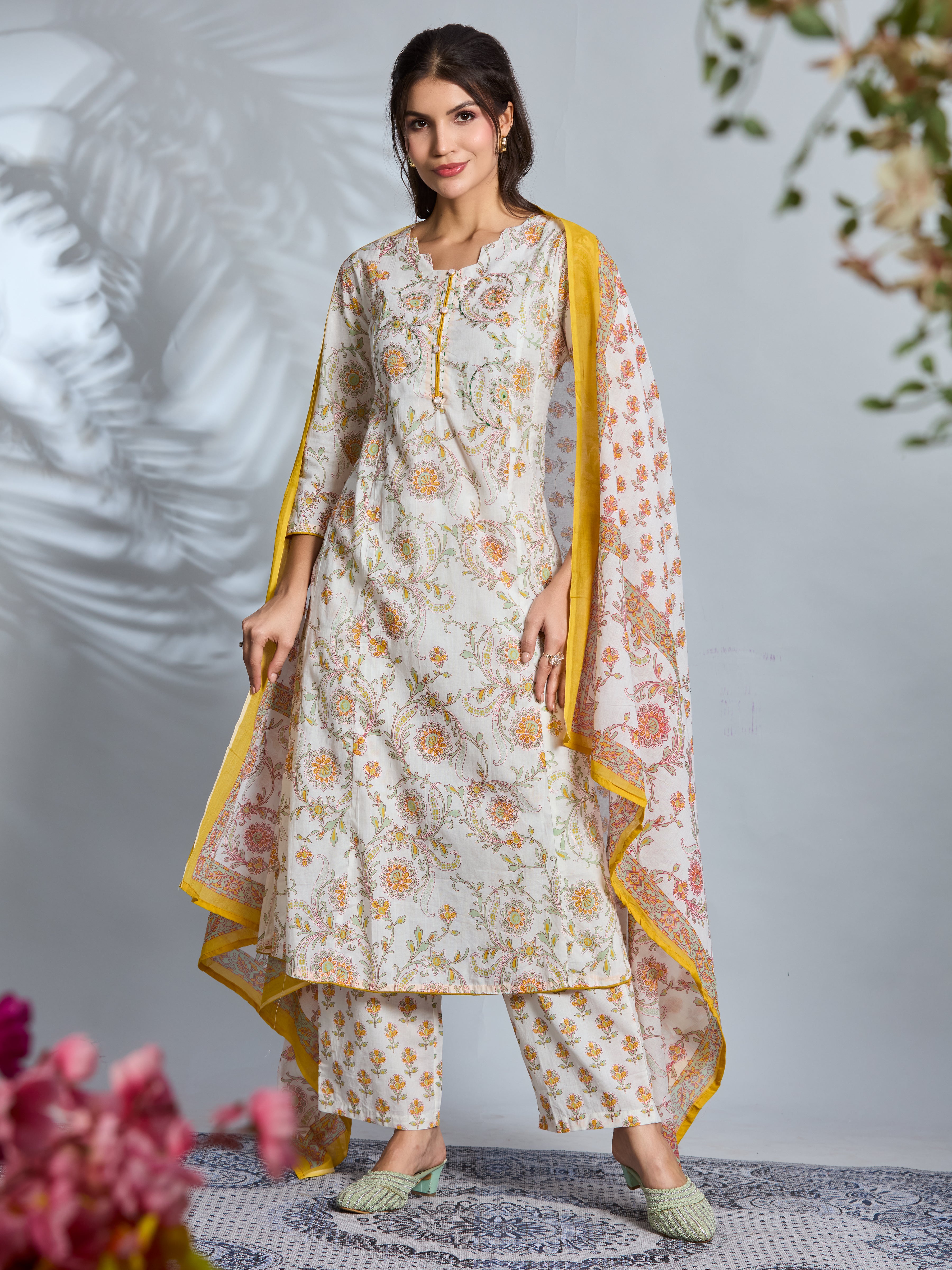 Sunny Bloom A-Line Suit Set with Yellow Floral Block Prints in Pure Cotton with Dupatta