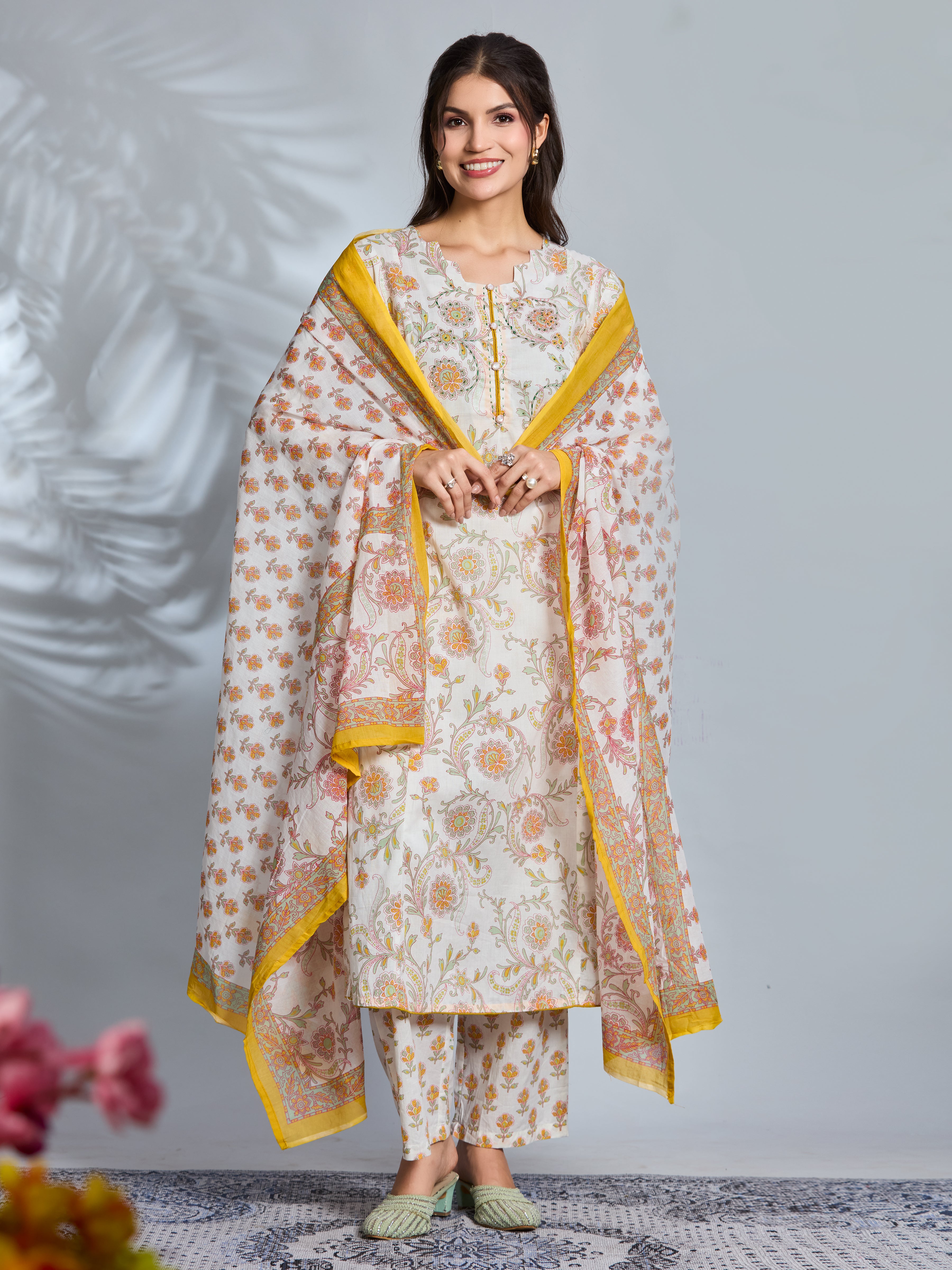 Sunny Bloom A-Line Suit Set with Yellow Floral Block Prints in Pure Cotton with Dupatta
