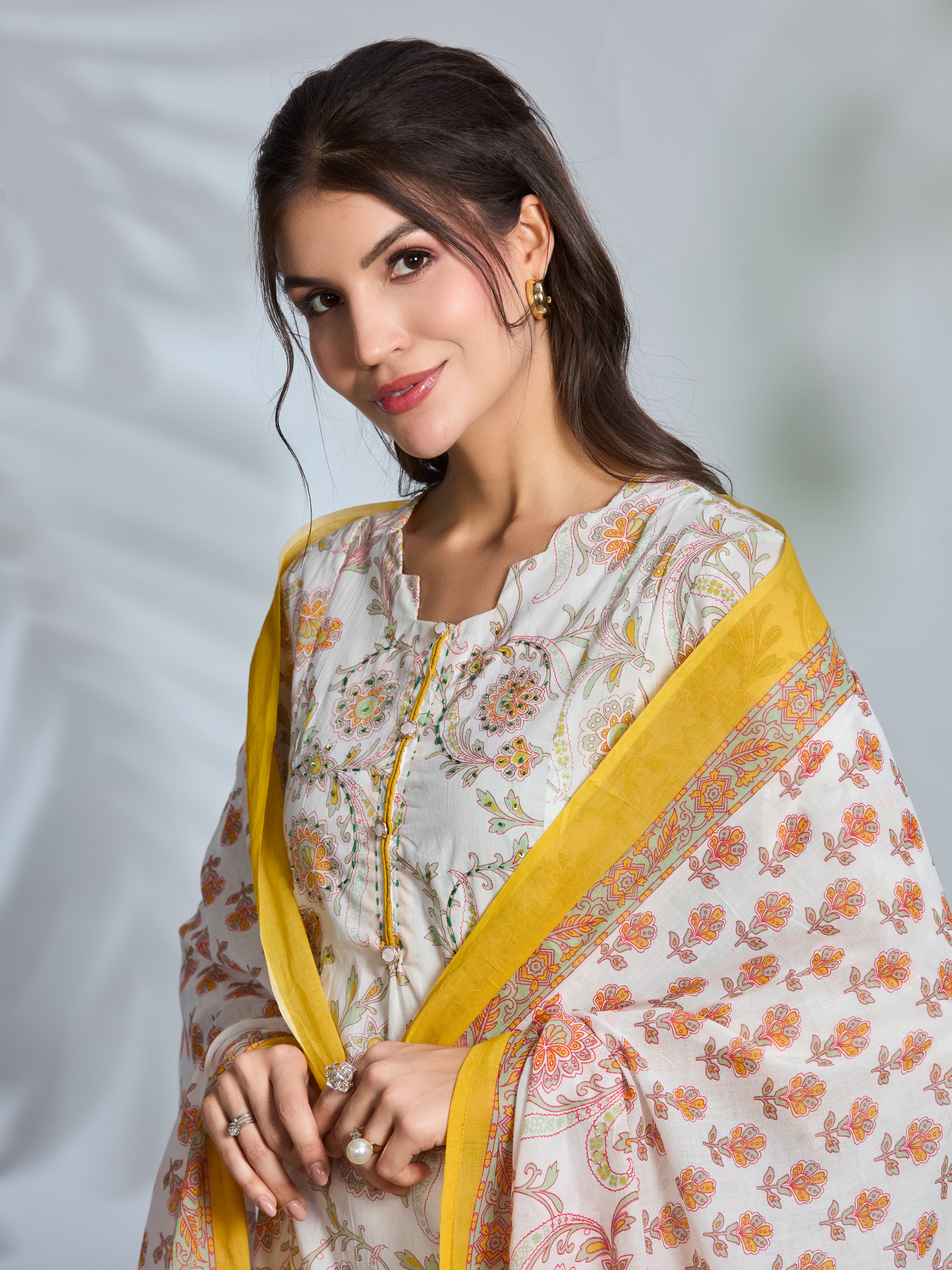 Sunny Bloom A-Line Suit Set with Yellow Floral Block Prints in Pure Cotton with Dupatta