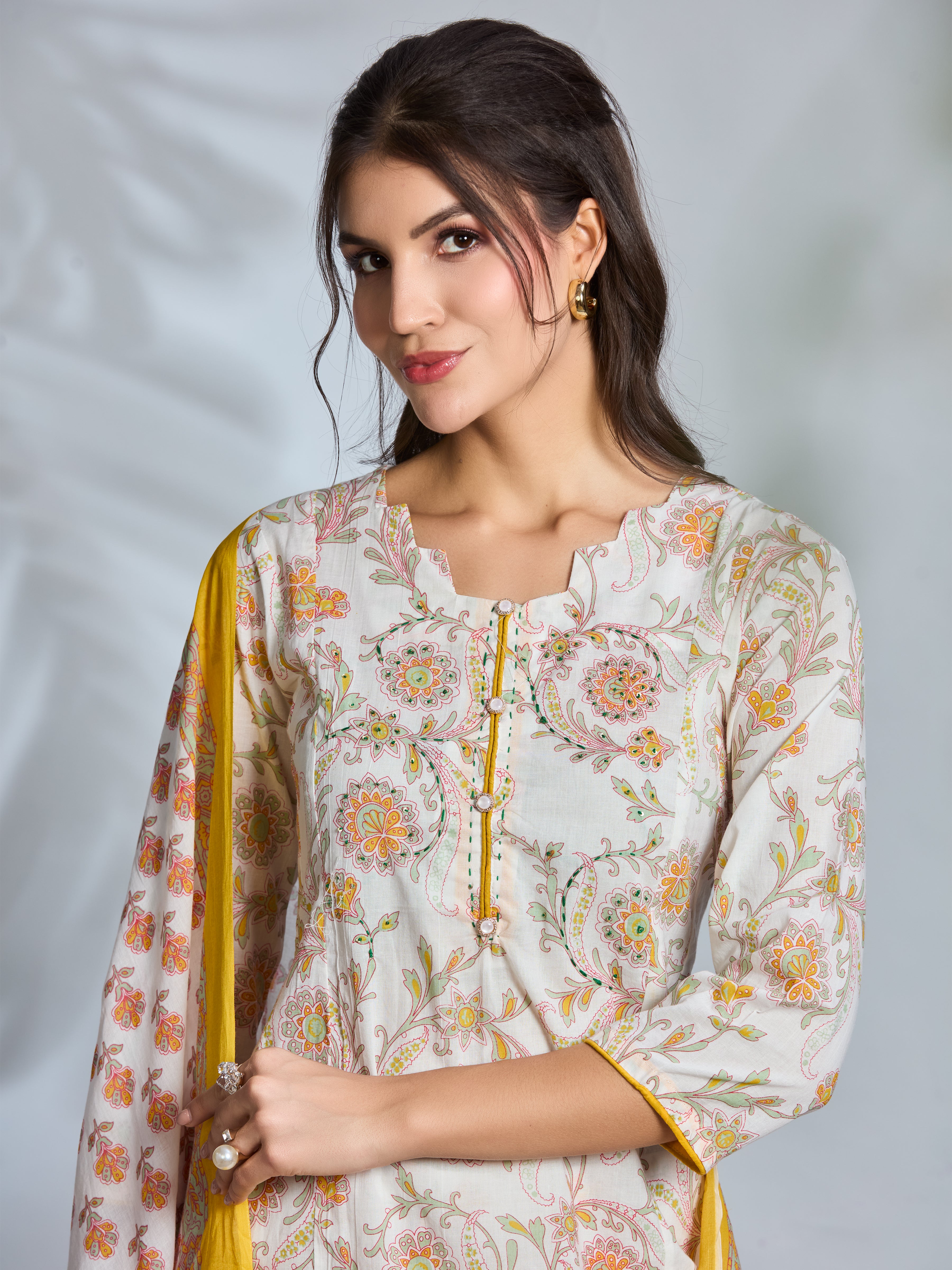 Sunny Bloom A-Line Suit Set with Yellow Floral Block Prints in Pure Cotton with Dupatta
