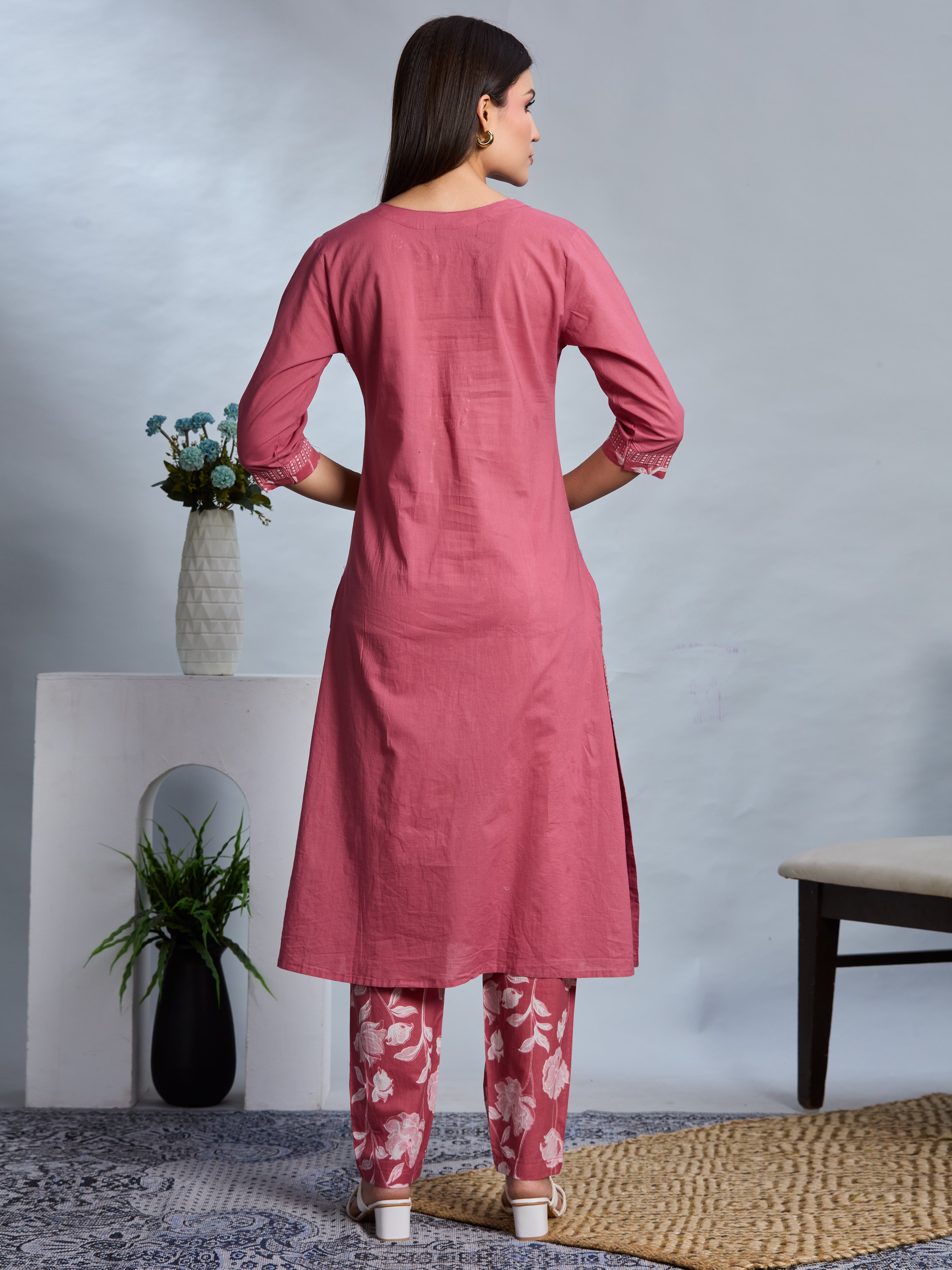 Dusty Rose Elegance A-Line Suit Set with Floral Block Prints in Pure Cotton with Cotton Dupatta