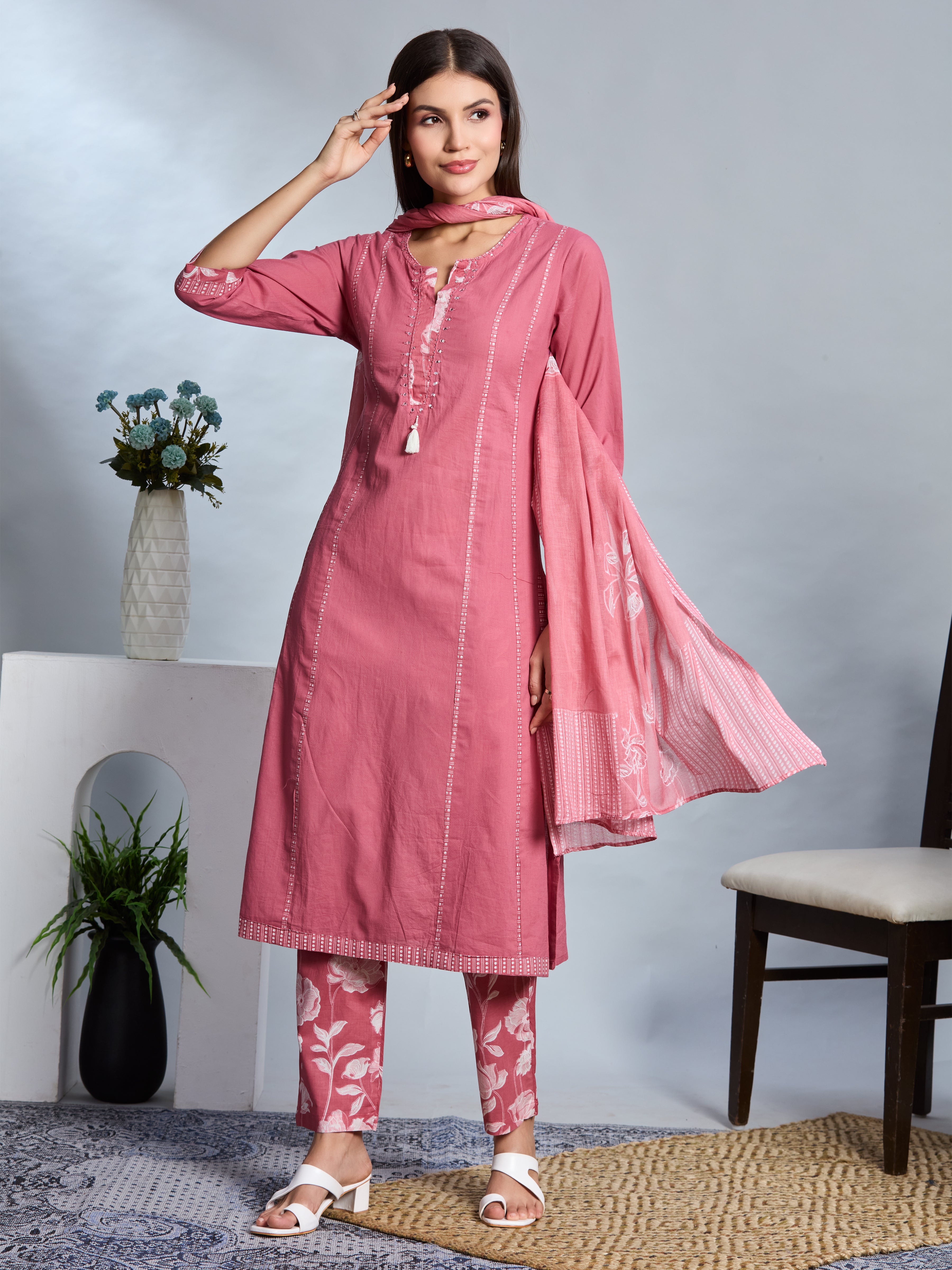 Dusty Rose Elegance A-Line Suit Set with Floral Block Prints in Pure Cotton with Cotton Dupatta