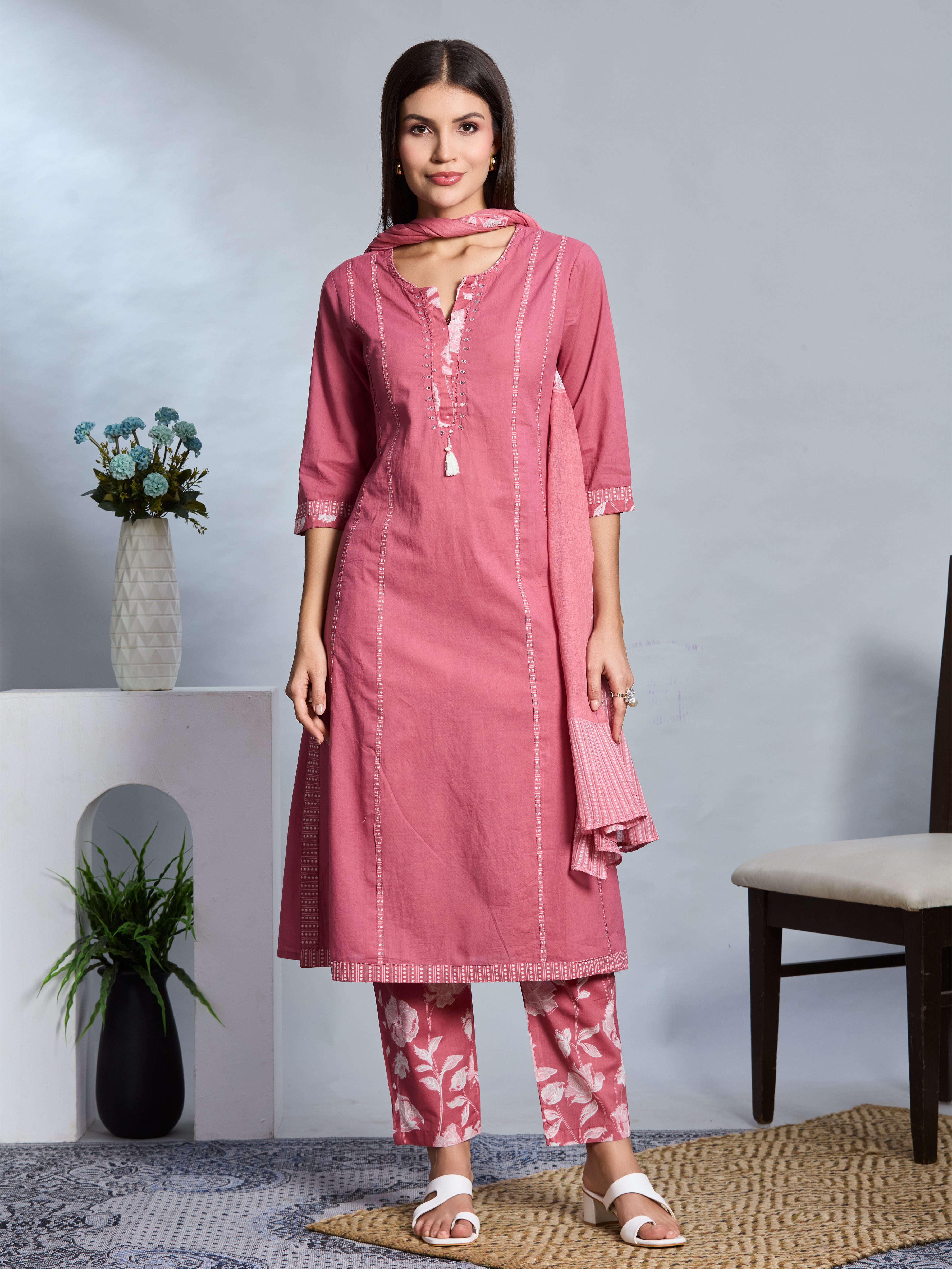 Dusty Rose Elegance A-Line Suit Set with Floral Block Prints in Pure Cotton with Cotton Dupatta