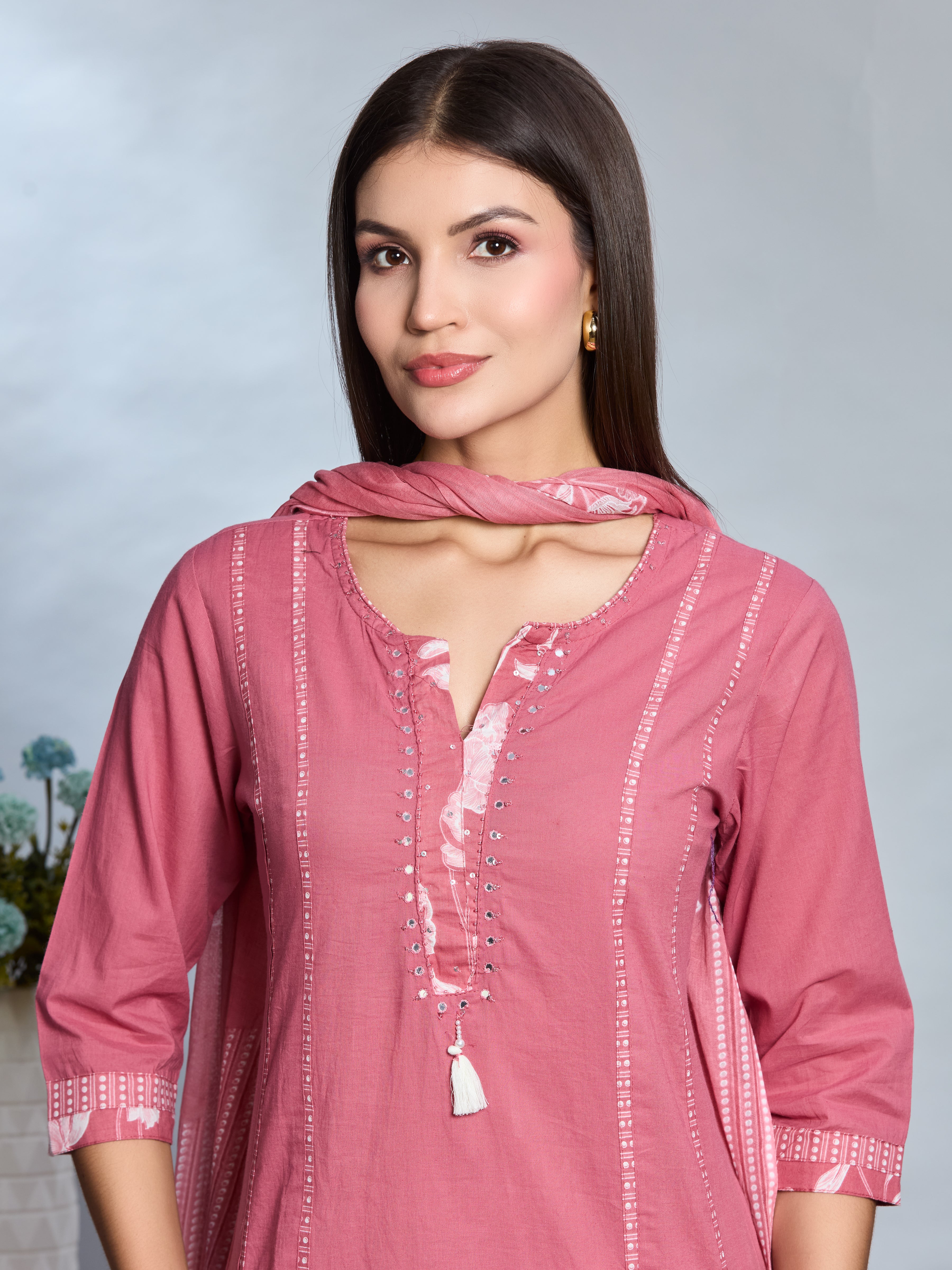 Dusty Rose Elegance A-Line Suit Set with Floral Block Prints in Pure Cotton with Cotton Dupatta