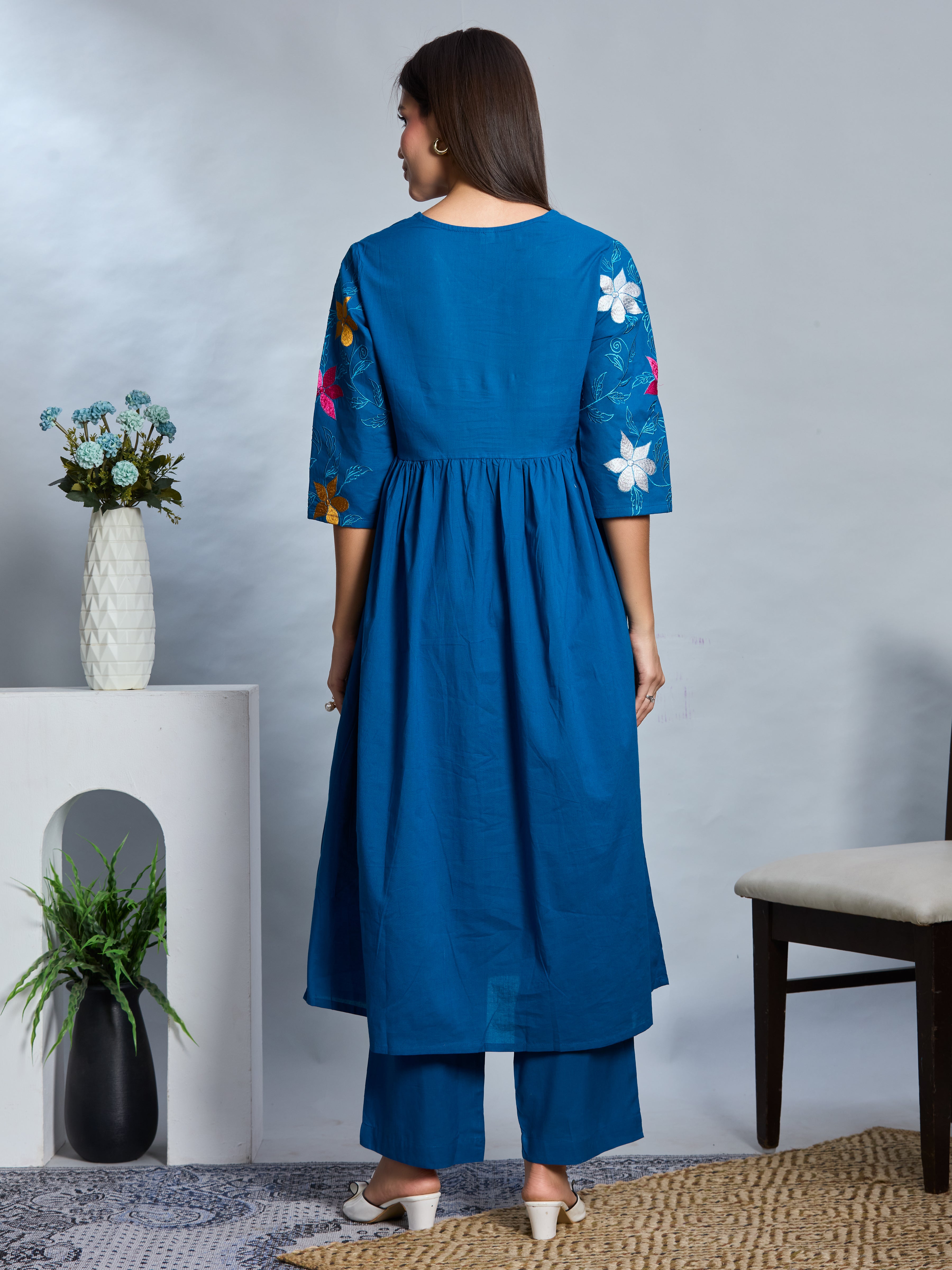 Cobalt Charm Anarkali Suit Set with Multicolor Embroidery Accents in Pure Cotton with Dupatta