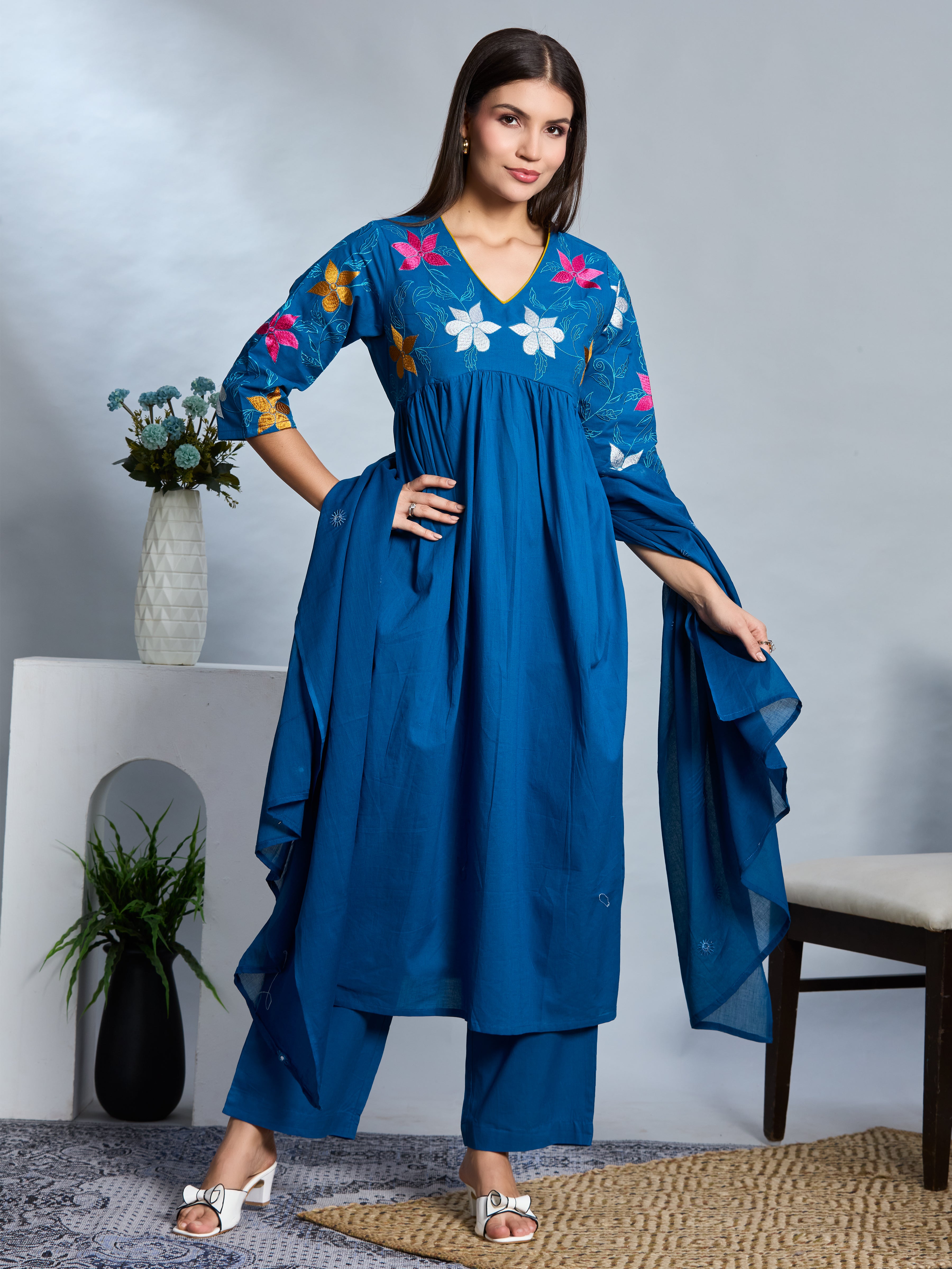 Cobalt Charm Anarkali Suit Set with Multicolor Embroidery Accents in Pure Cotton with Dupatta