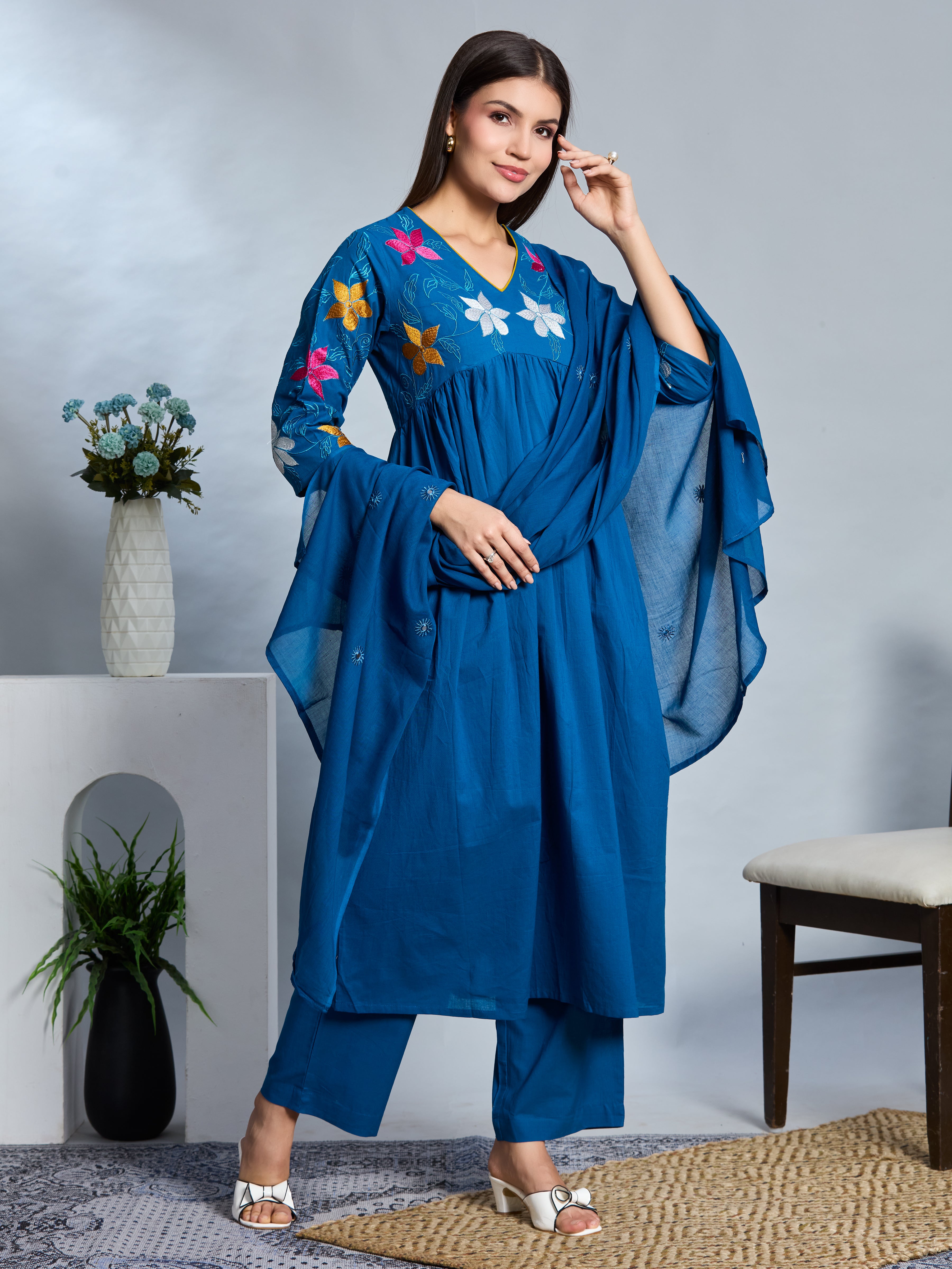 Cobalt Charm Anarkali Suit Set with Multicolor Embroidery Accents in Pure Cotton with Dupatta