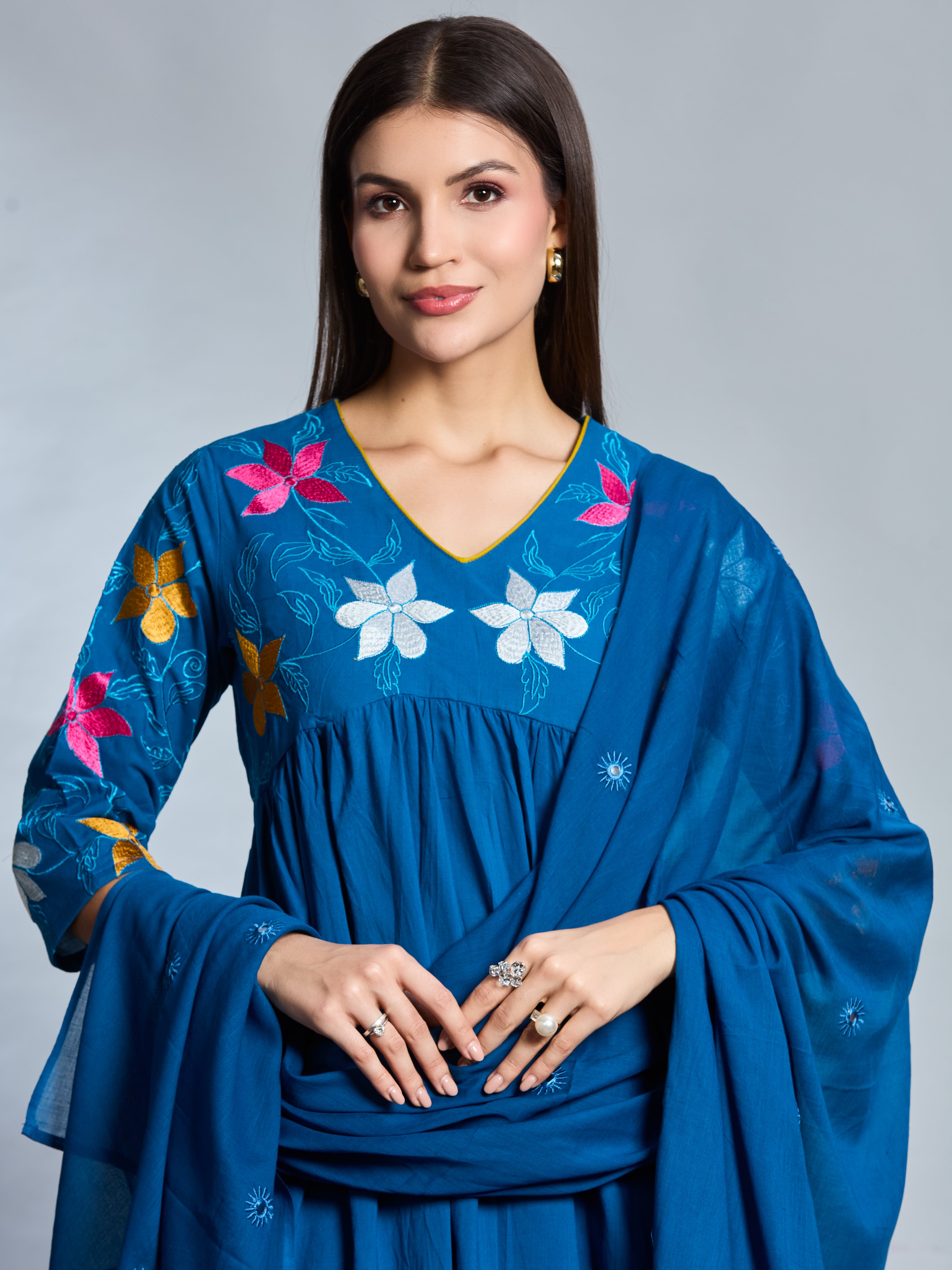 Cobalt Charm Anarkali Suit Set with Multicolor Embroidery Accents in Pure Cotton with Dupatta